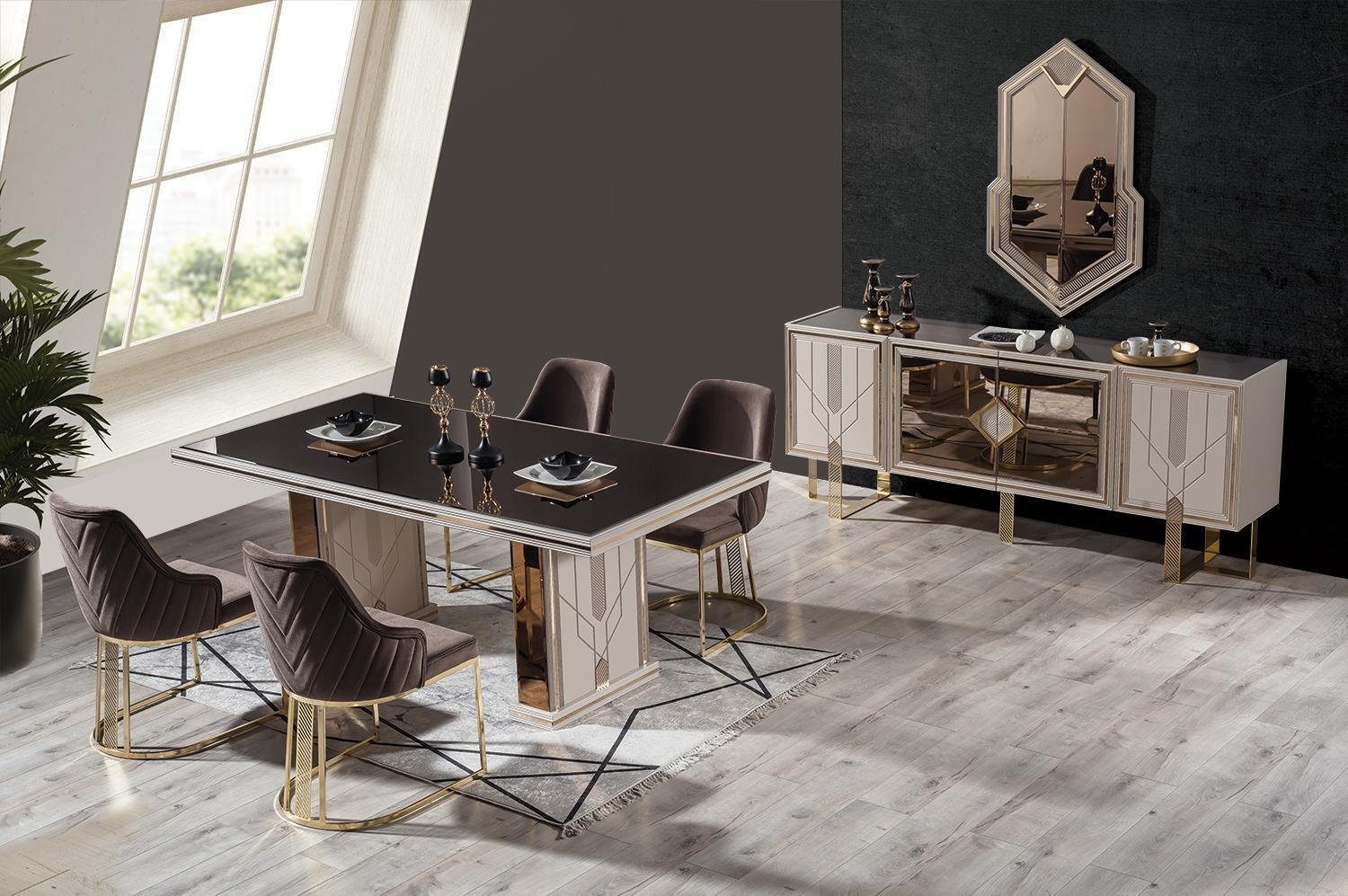 JVmoebel Esszimmer-Set 7tlg. Esszimmer Set Esstisch + 4x Stühle + Sideboard + Spiegel Neu, (7-St., Esstisch, 4x Stühle, Sideboard, Spiegel), Made in Europa