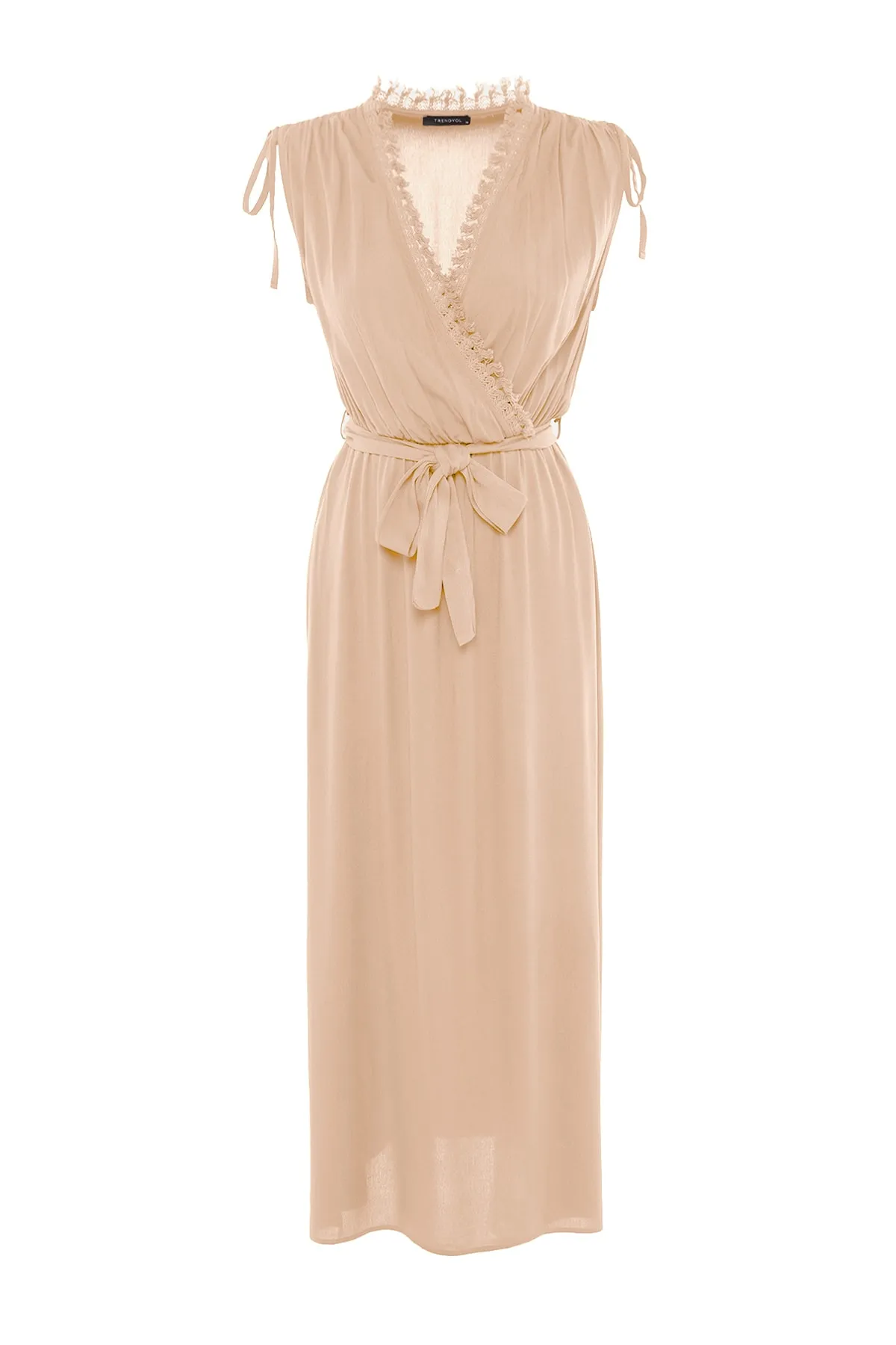 Trendyol Collection  Beigefarbenes Maxi-Strandkleid aus gewebter Spitze mit Gürtel TBESS23EL00074