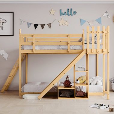 WISHDOR Holzbett Kinderbett, Etagenbett, Bett, Gästebetten, Hausbett 90x200cm (mit Fallschutz und Gitter, Rahmen aus Kiefer, mit Treppe und Zäune, mit Bettvorhang, Rutsche und Regal), Ohne Matratze
