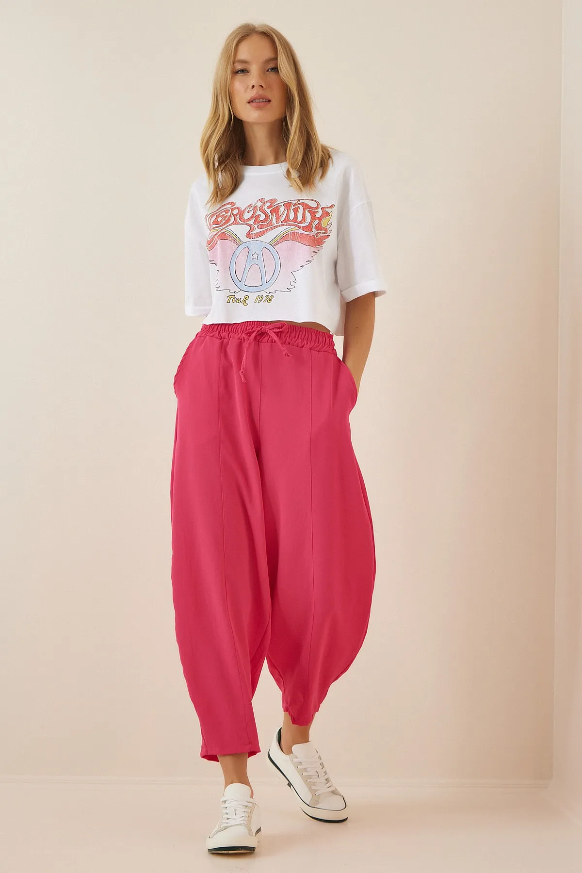 Happiness İstanbul  Damen-Shalwar-Hose aus dunkelrosa Leinen CI00036