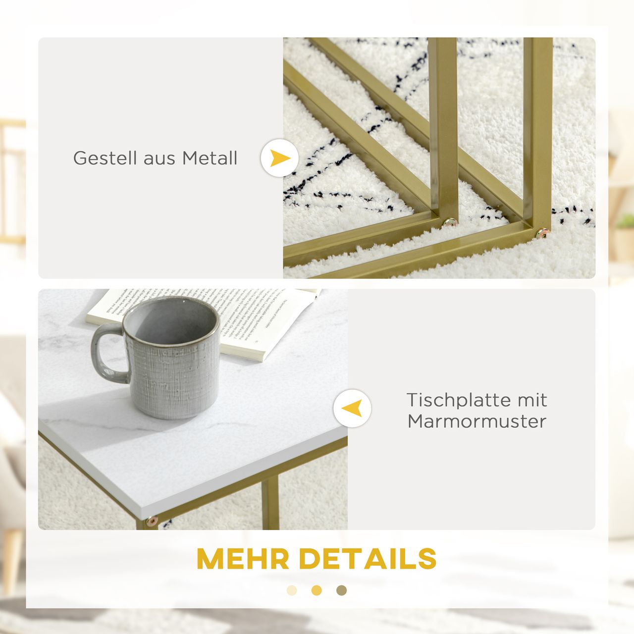 HOMCOM Couchtisch 2er-Set Beistelltisch, Kaffeetisch mit Marmoroptik Weiß