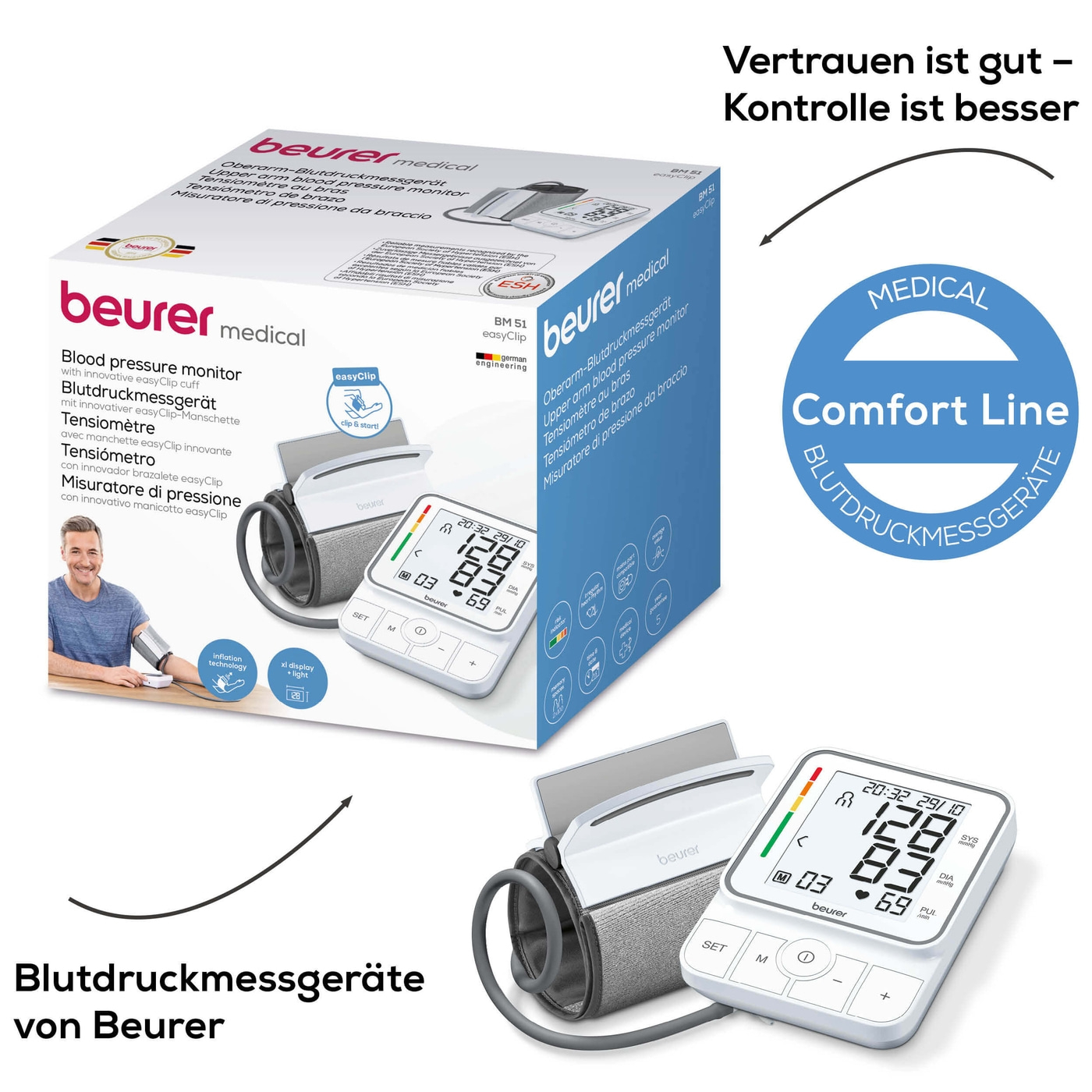 Beurer Oberarm-Blutdruckmessgerät BM 51 easyClip-Oberarm-Blutdruckmessgerät mit Inflation-Technology & easyClip-Manschette