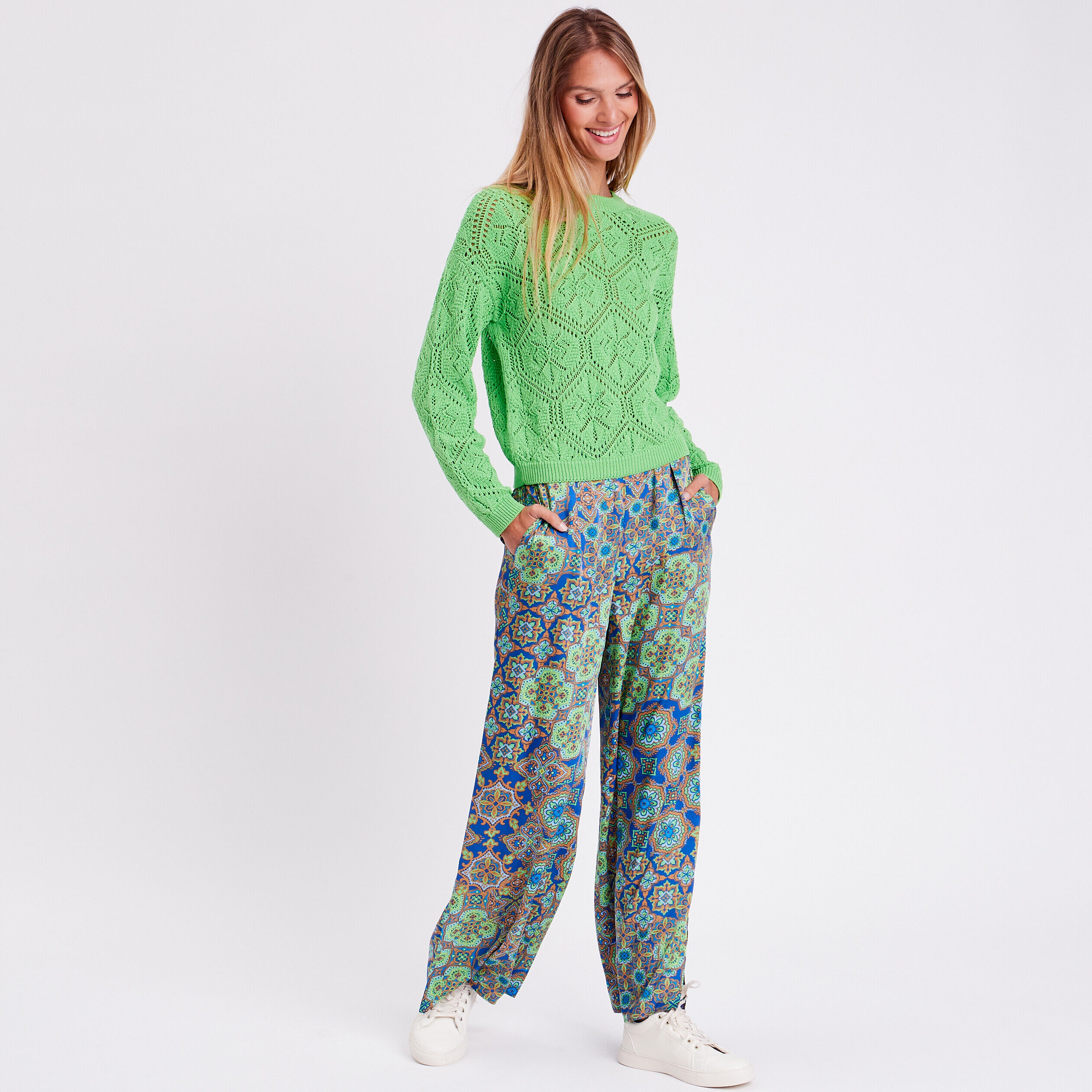 Pull ajouré col rond vert femme | Cache Cache