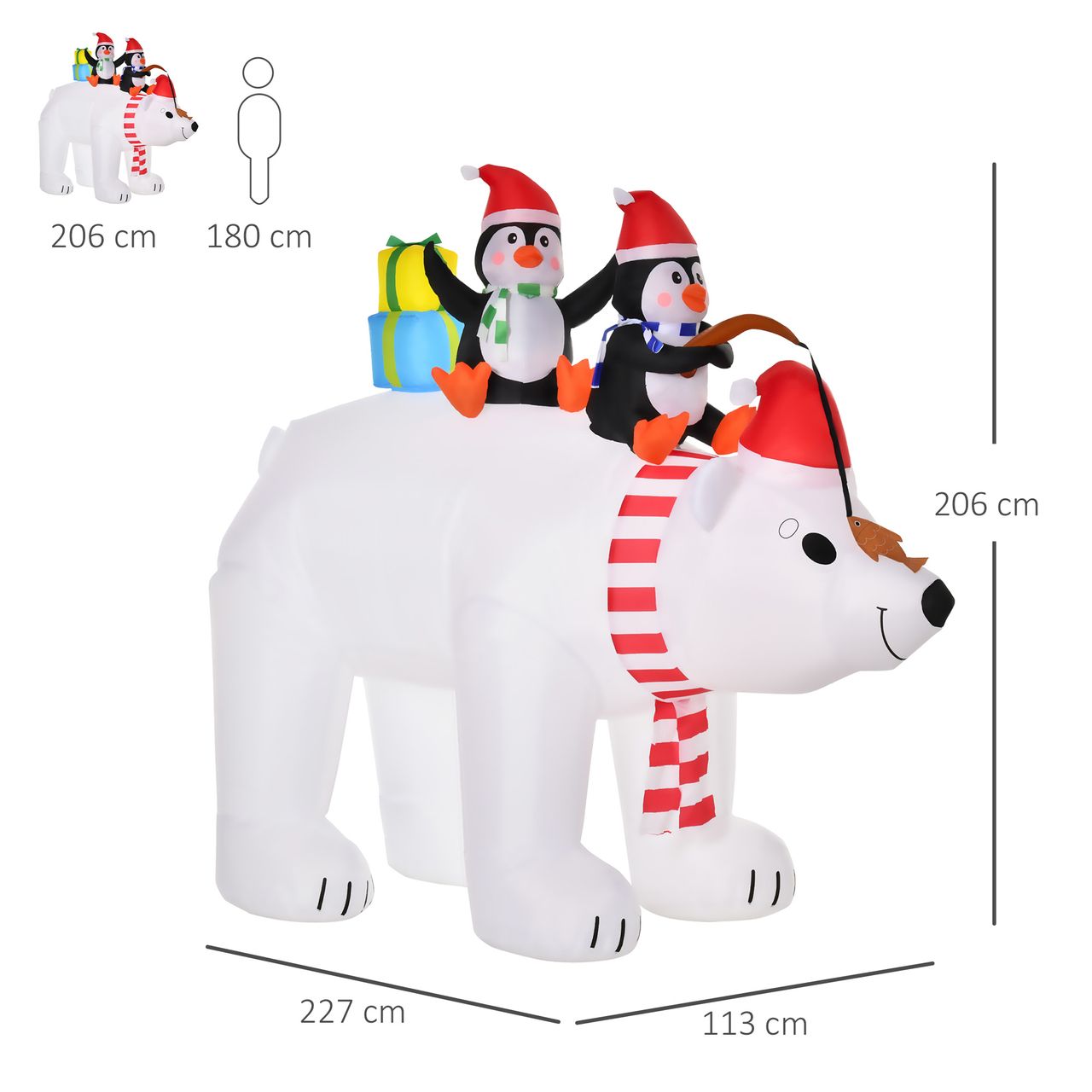 HOMCOM Aufblasbare Pinguine auf Eisbär 2,1 m Weihnachtsdekoration mit Lichtern Aufblasbares Modell Weihnachten Gärten Dekoration automatisches Aufblasen wetterfest Polyester 227 x 113 x 206 cm