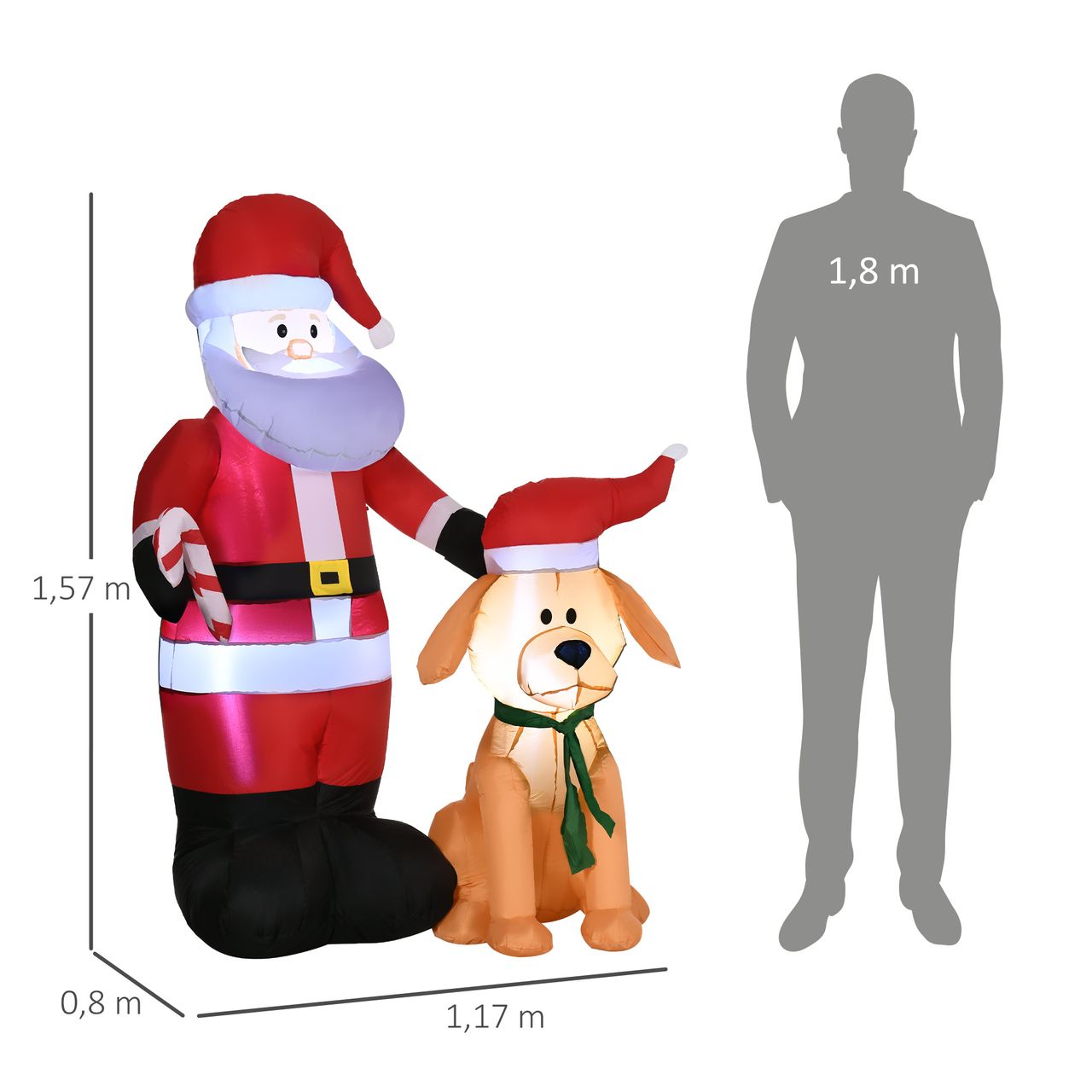 Outsunny 157 cm Aufblasbarer Weihnachtsmann mit Hund Weihnachtsdeko mit LED
