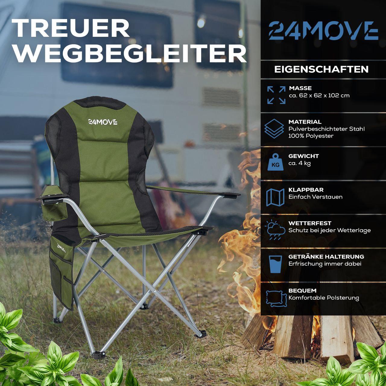 TroniTechnik 24MOVE® Campingstuhl Salvador faltbar Klappstuhl gepolstert mit Tragetasche,150kg belastbar,grün