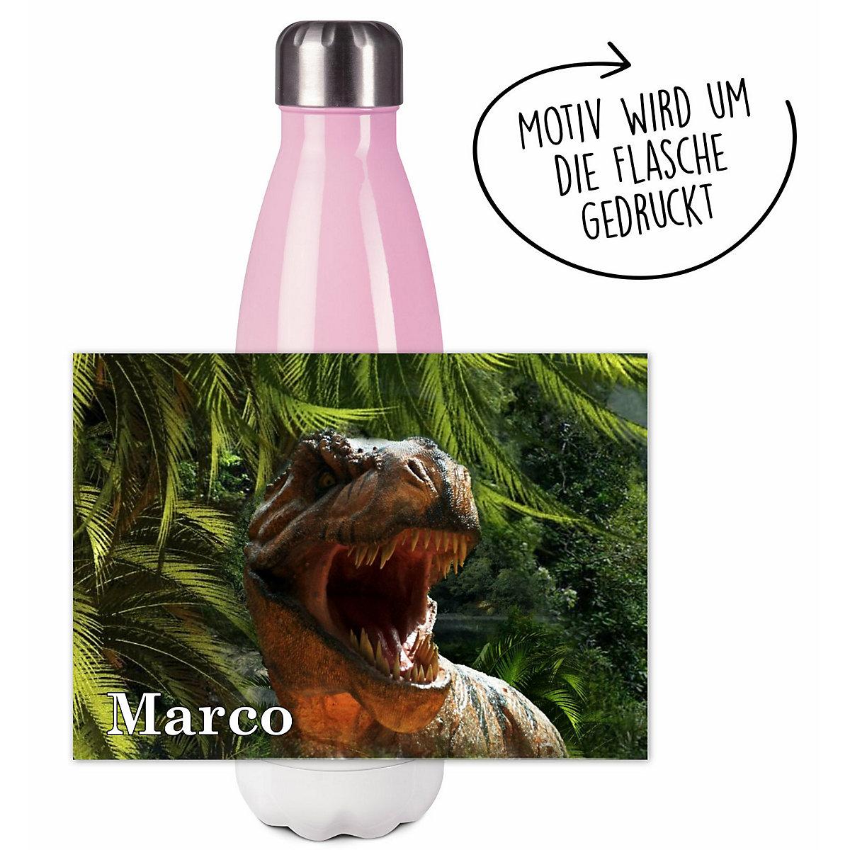 Edelstahl Kinder Thermoflasche / Trinkflasche bunt T-Rex Spülmaschinenfest, Auslaufsicher, Bruchfest, Doppelwandig, Für Heißgetränke geeignet, Mit Deckel, Isoliert