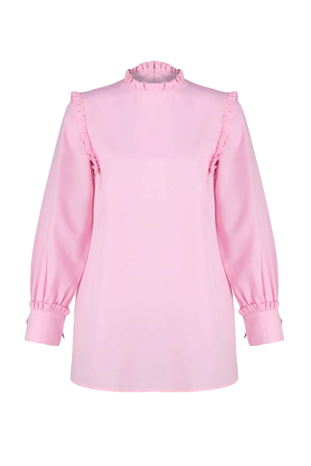 Trendyol Modest  Rosa Tunika aus gewebter Baumwolle mit Rüschen an Schultern und Manschetten TCTSS23UK00083