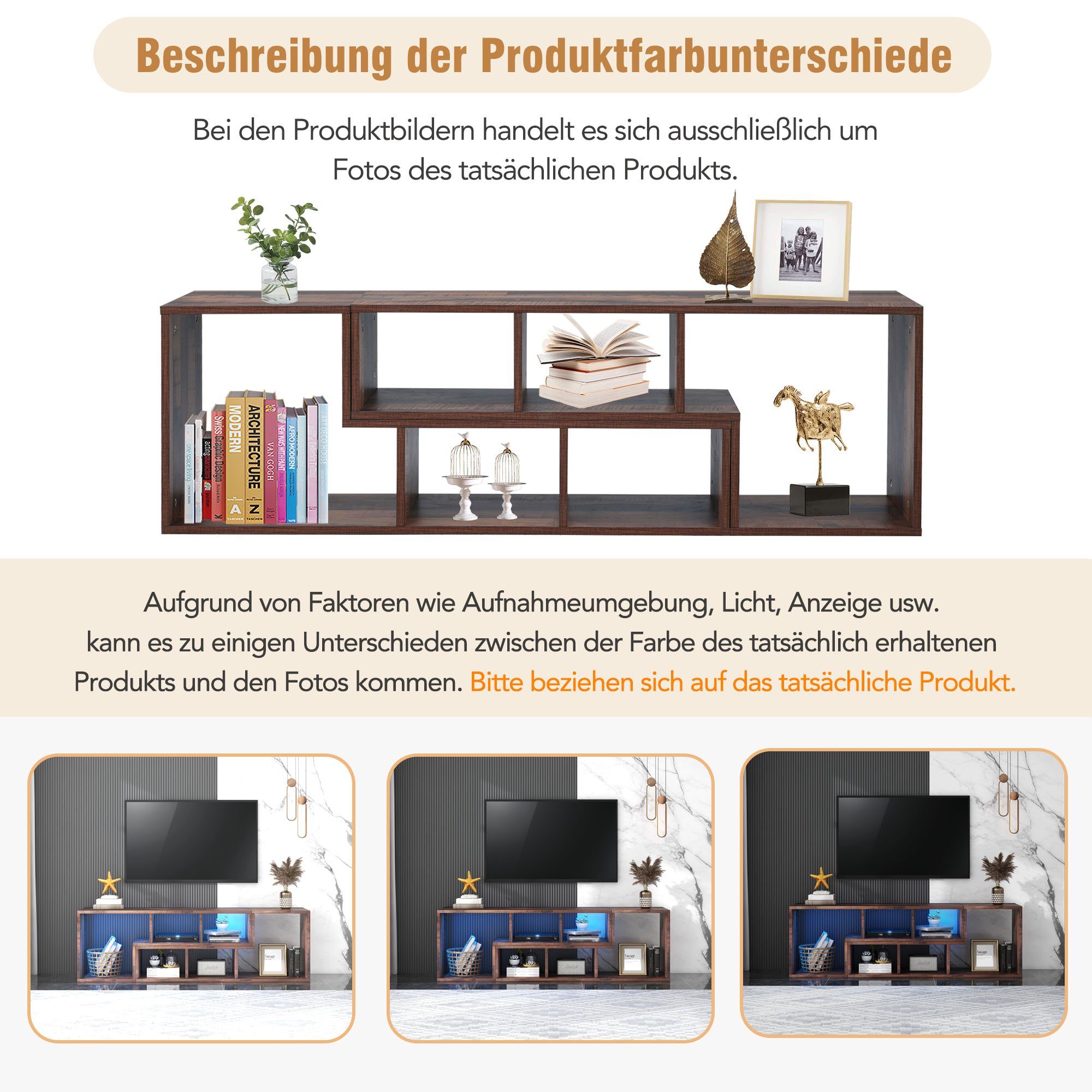 REDOM TV-Schrank Lowboard,verstellbar mit LED-Beleuchtung Bücherregal, TV-Ständer