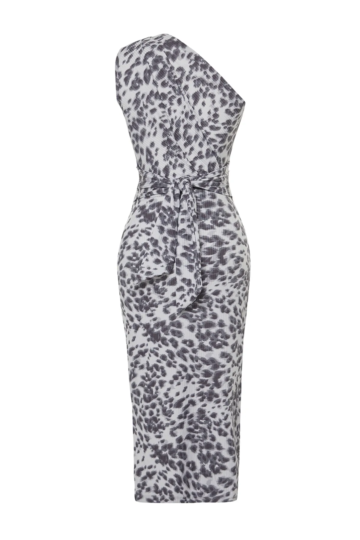 Trendyol Collection  Graues, figurbetontes One-Shoulder-Midi-Bleistiftkleid aus Strick mit asymmetrischer Raffung und Leopardenmuster TWOSS23EL02182
