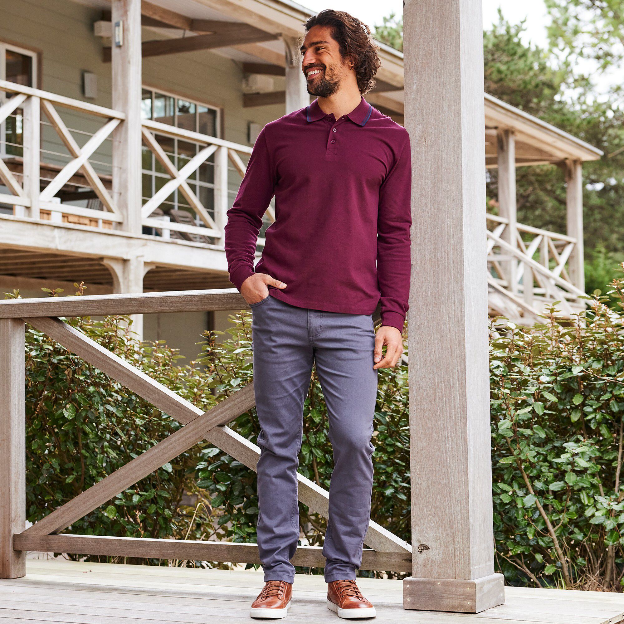 Polo uni maille piquée manches longues
