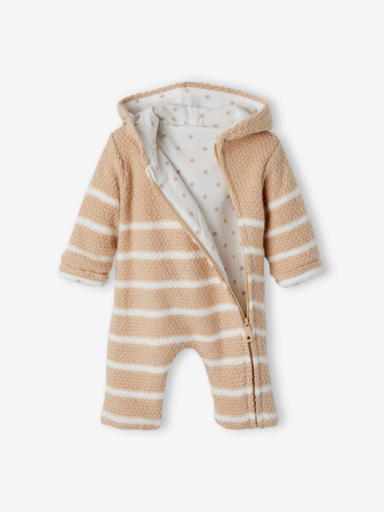 Combinaison en tricot bébé naissance doublée ivoire rayé