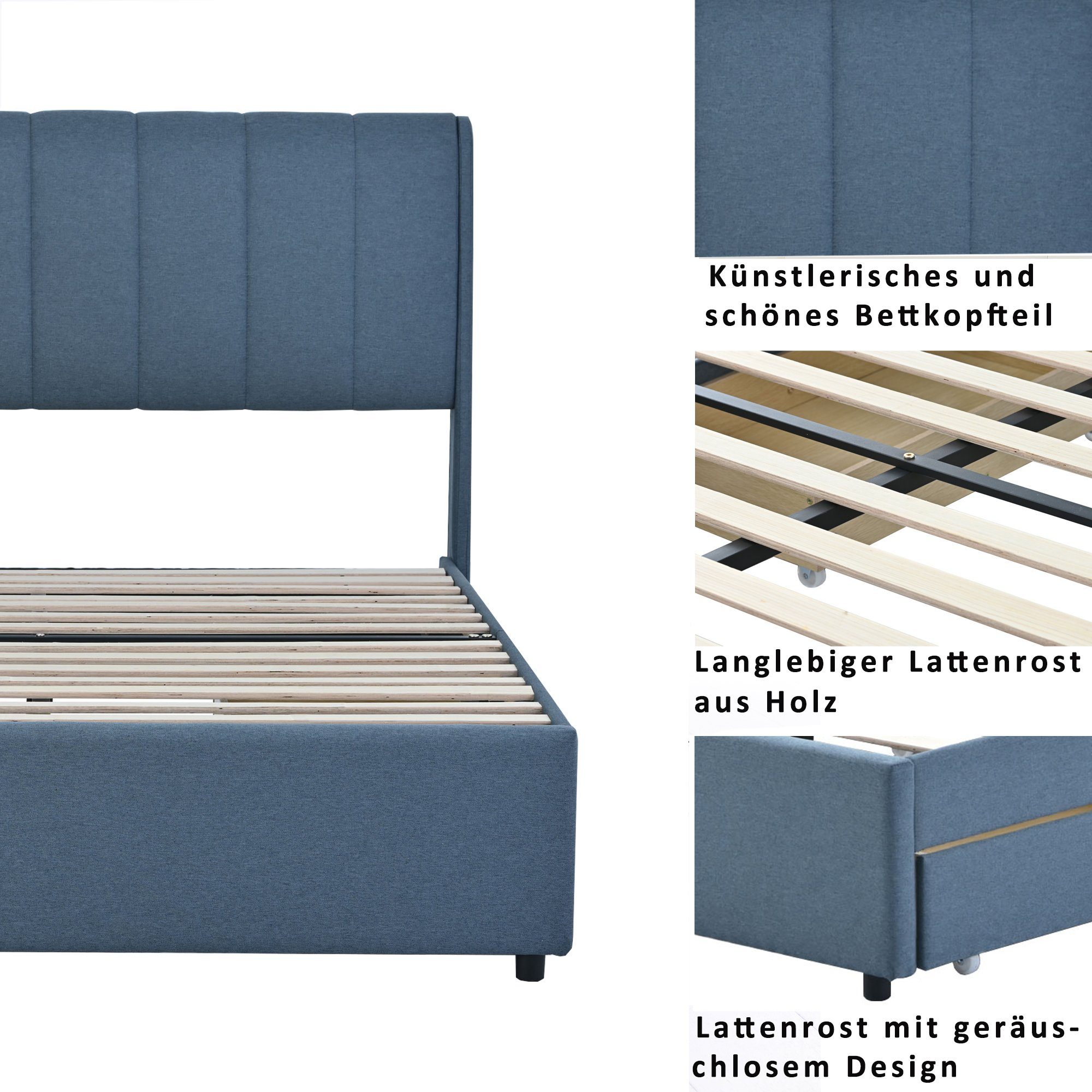 SOFTWEARY Polsterbett (Doppelbett mit 4 Schubladen und Lattenrost, 140x200 cm), gepolsterter Kopfteil, Leinen