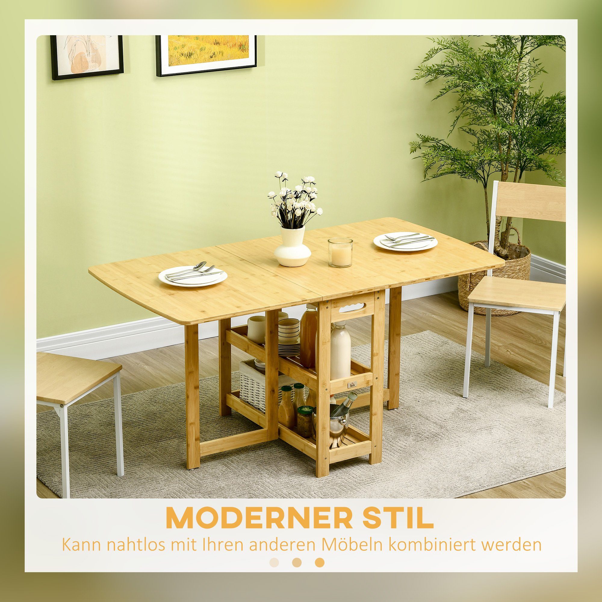 HOMCOM Klapptisch Esstisch, zwei klappbare Seiten, zwei Ablagen, 149,5 x 80 x 73,5cm (Set, 1-St., 1 x Klapptisch), Breite 80 cm