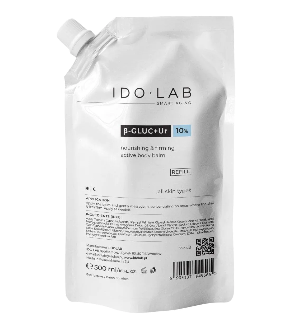 Ido Lab B-Gluc + Ur atgaivinantis, maitinamasis kūno balzamas, papildymas, 500 ml
