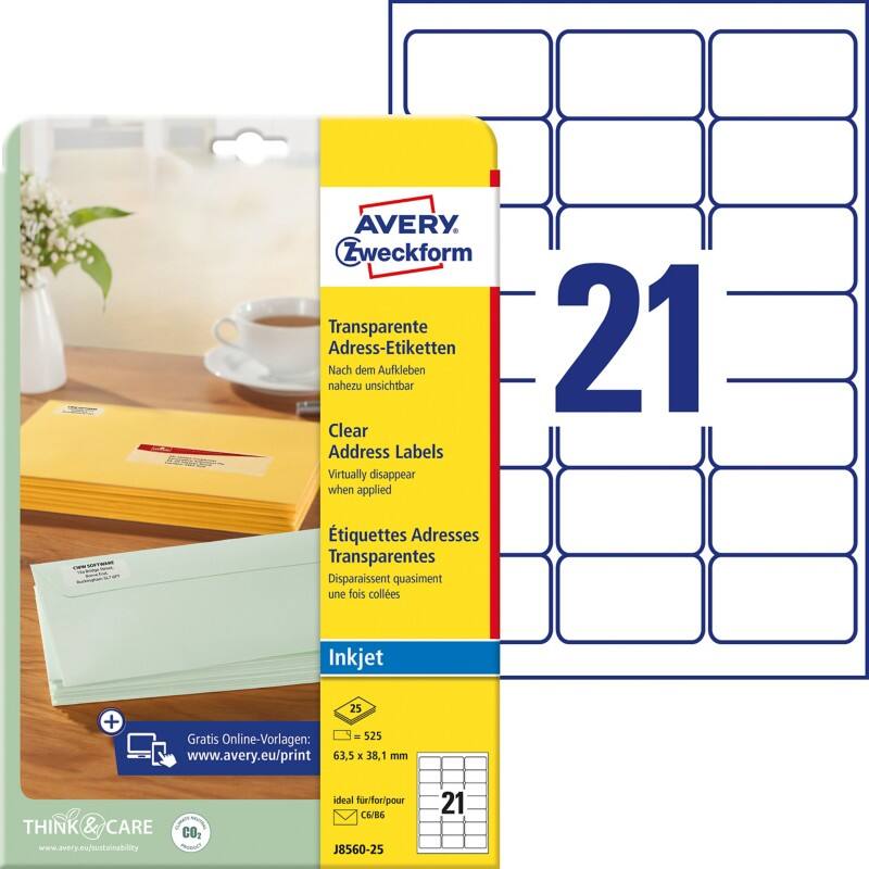 AVERY Zweckform Abziehhilfe QuickPEEL Adressetiketten J8560-25 Selbsthaftend DIN A4 Transparent 63,5 x 38,1 mm 25 Blatt à 21 Etiketten