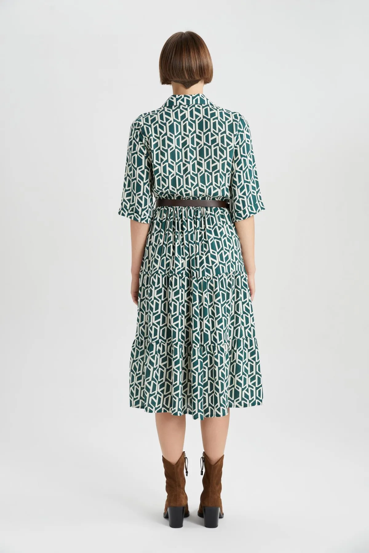 DeFacto  Bedrucktes Midi-Langarmkleid mit Hemdkragen