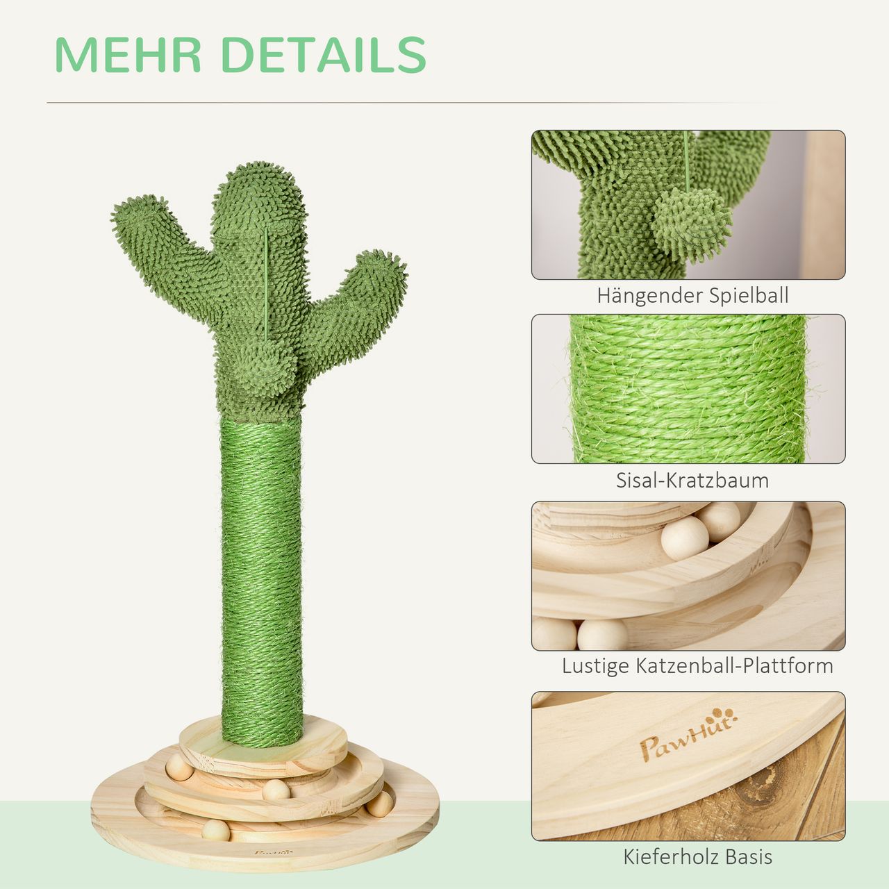 PawHut Kratzbaum Kaktus Spielzeug 65 cm Hoch Sisal Seil Kiefernholz Grün Natur