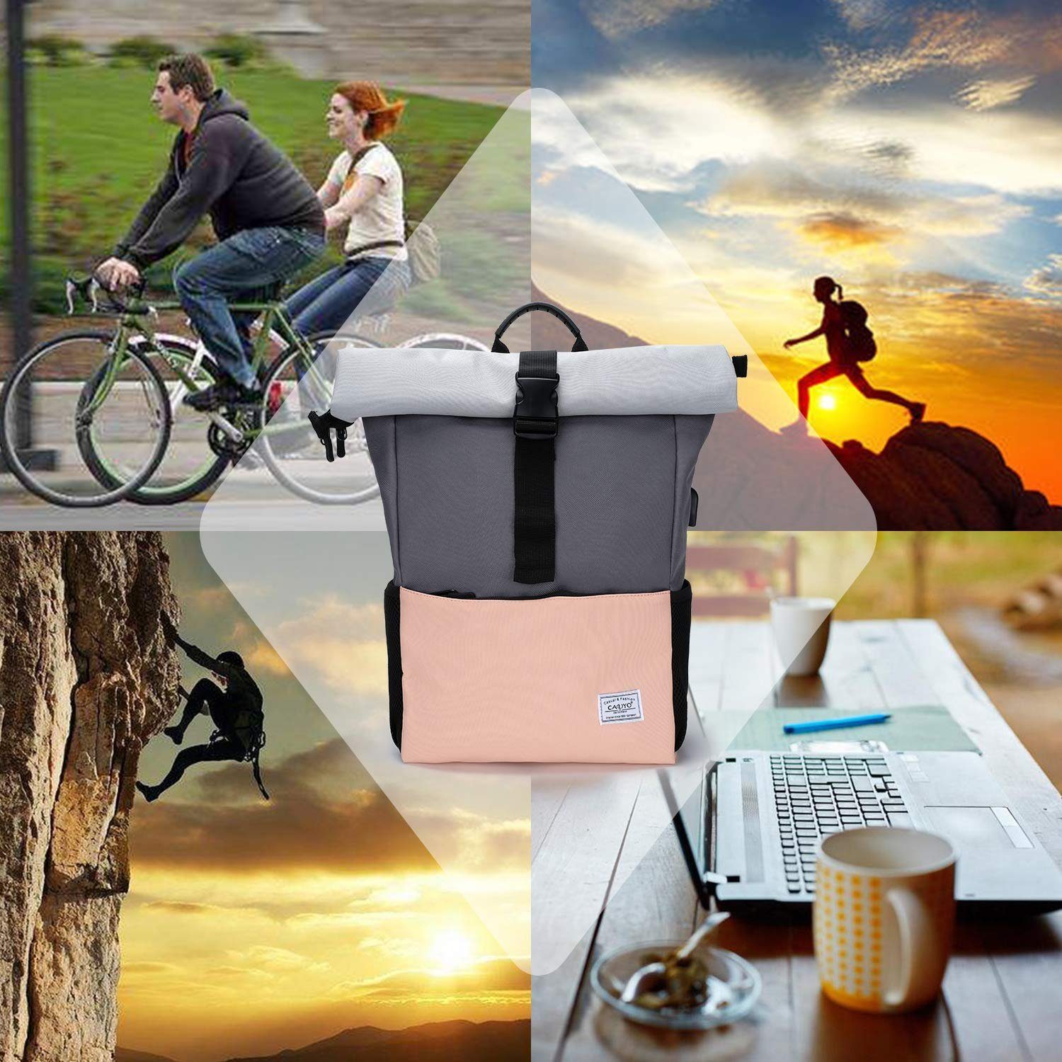 TAN.TOMI Freizeitrucksack Arbeitsrucksack Groß Damen lässiger Rolltop Rucksack Herren Backpack, mit Laptopfach bis 15,6 zoll und externen USB-Anschluss