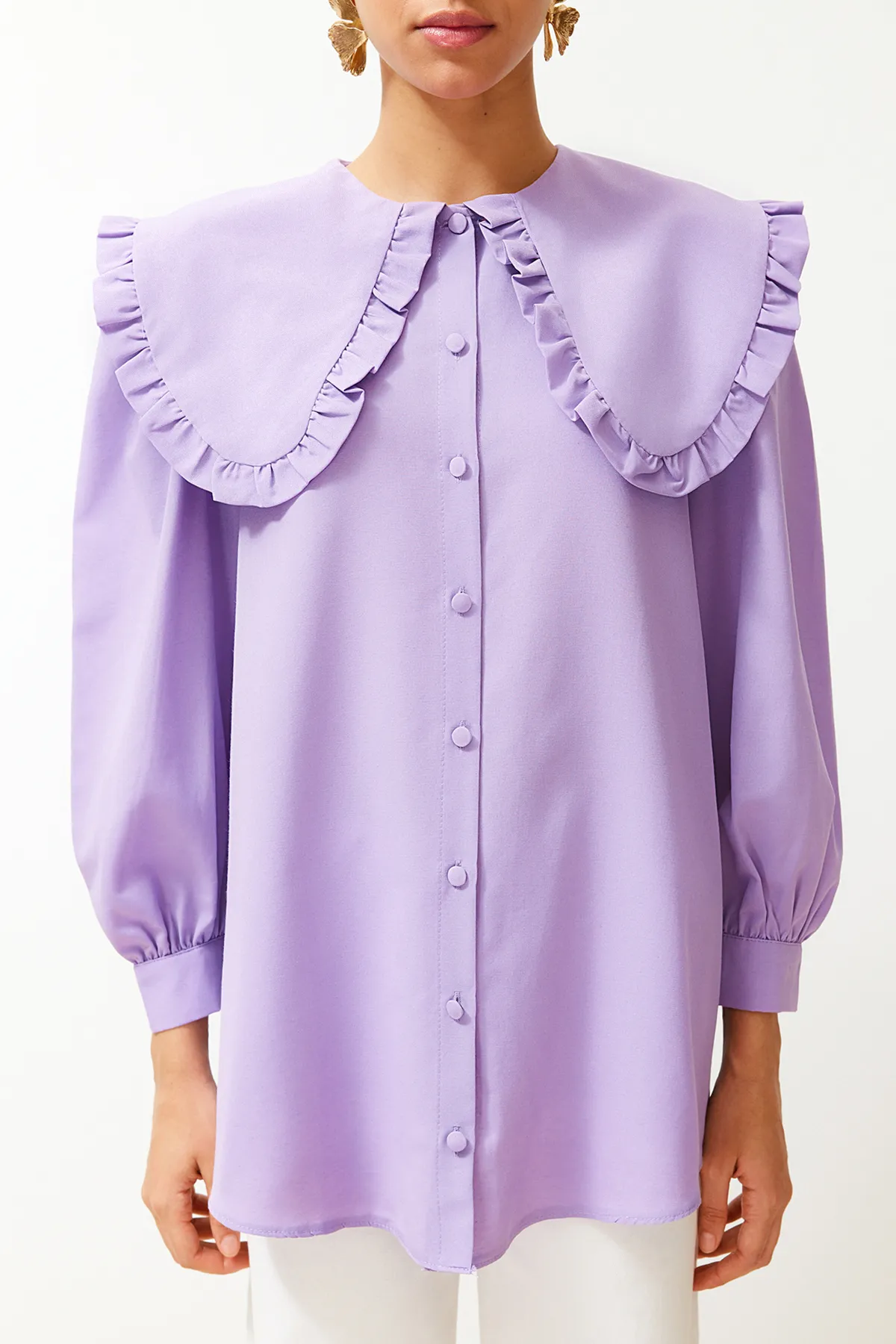 Trendyol Modest  Lilafarbenes Hemd aus gewebter Baumwolle mit Babykragen TCTSS24TG00027