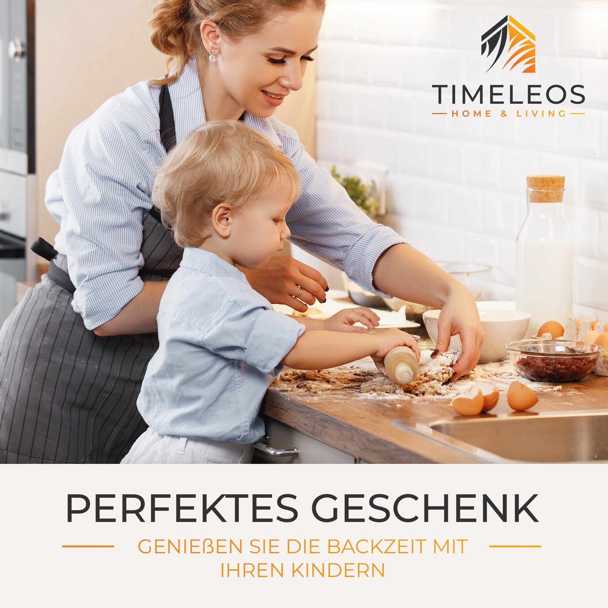 TIMELEOS Nudelholz mit Metallachse - Teigroller - Backrolle aus Buchenholz Teigrolle Buchenholz, (1-tlg), Holz Natur nachhaltig