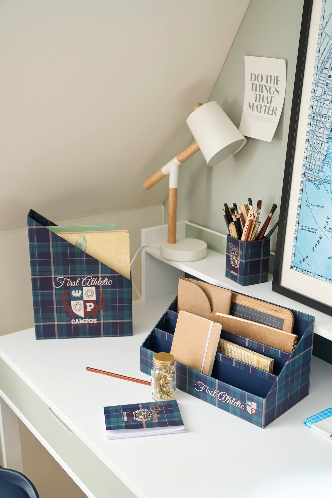 Set rangement bureau Ecusson vert / bleu
