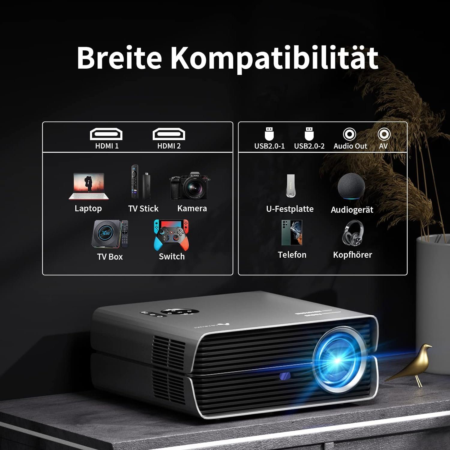 Asakuki Native1080P 5G WLAN Bluetooth, Deckenmontage Portabler Projektor (12000 lm, 12000:1, 1920 x 1080 px, Maximale 200