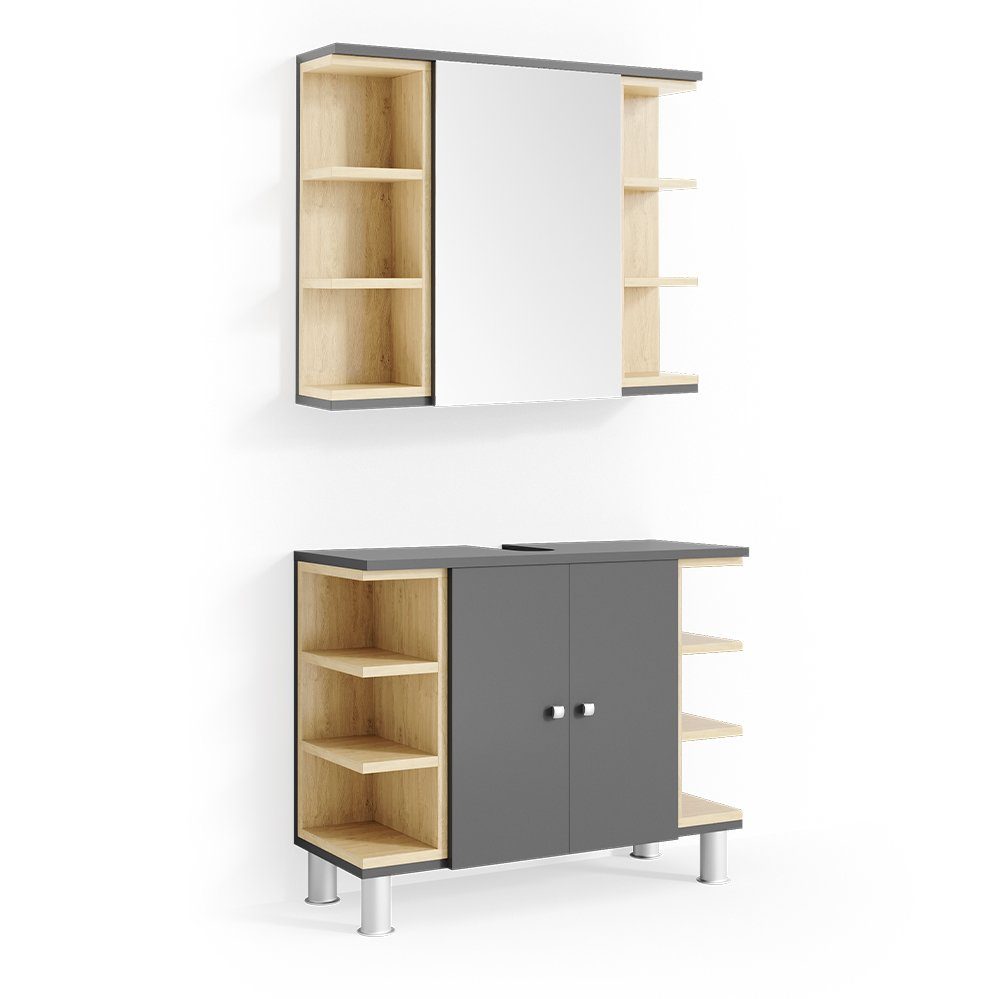 Vicco Badmöbel-Set Badezimmerset AQUIS Sonoma / Anthrazit Set 1, (2-er Set, 2-St., 2-er Set)