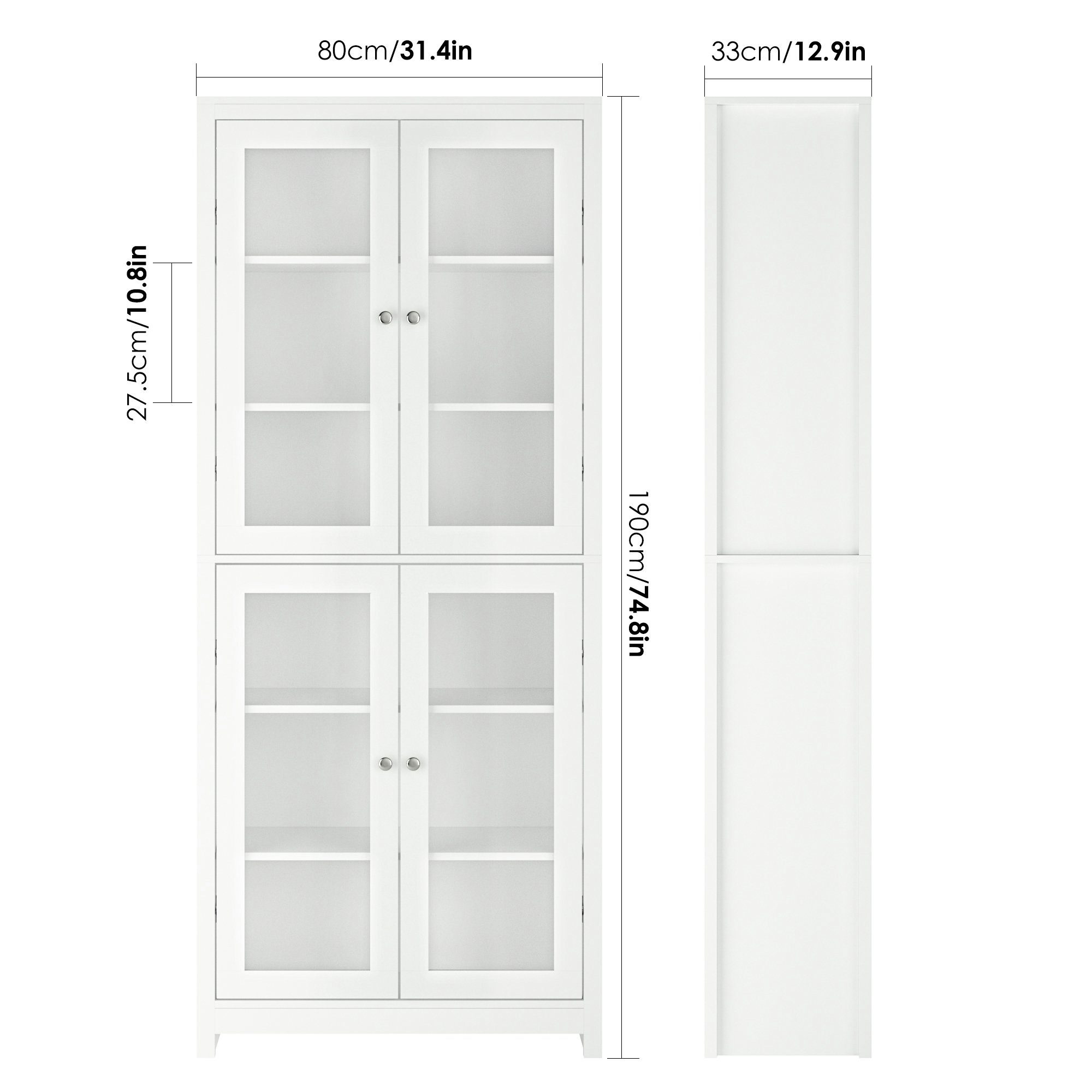 Homfa Hochschrank Vitrinenschrank, 190cm hoch Bücherschrank, mit Türen, Weiß
