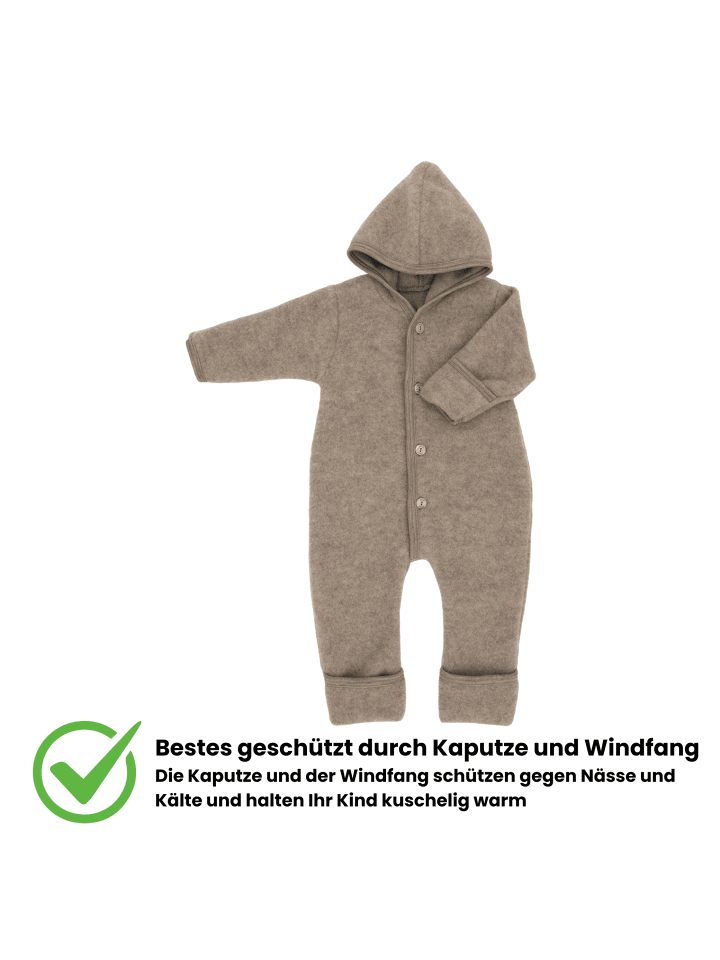 Kinderhaus Blaubär Baby-Overall mit Kapuze, Holzknöpfen & Mulltuch Blaubaer in Walnuss Melange günstig kaufen 50/56