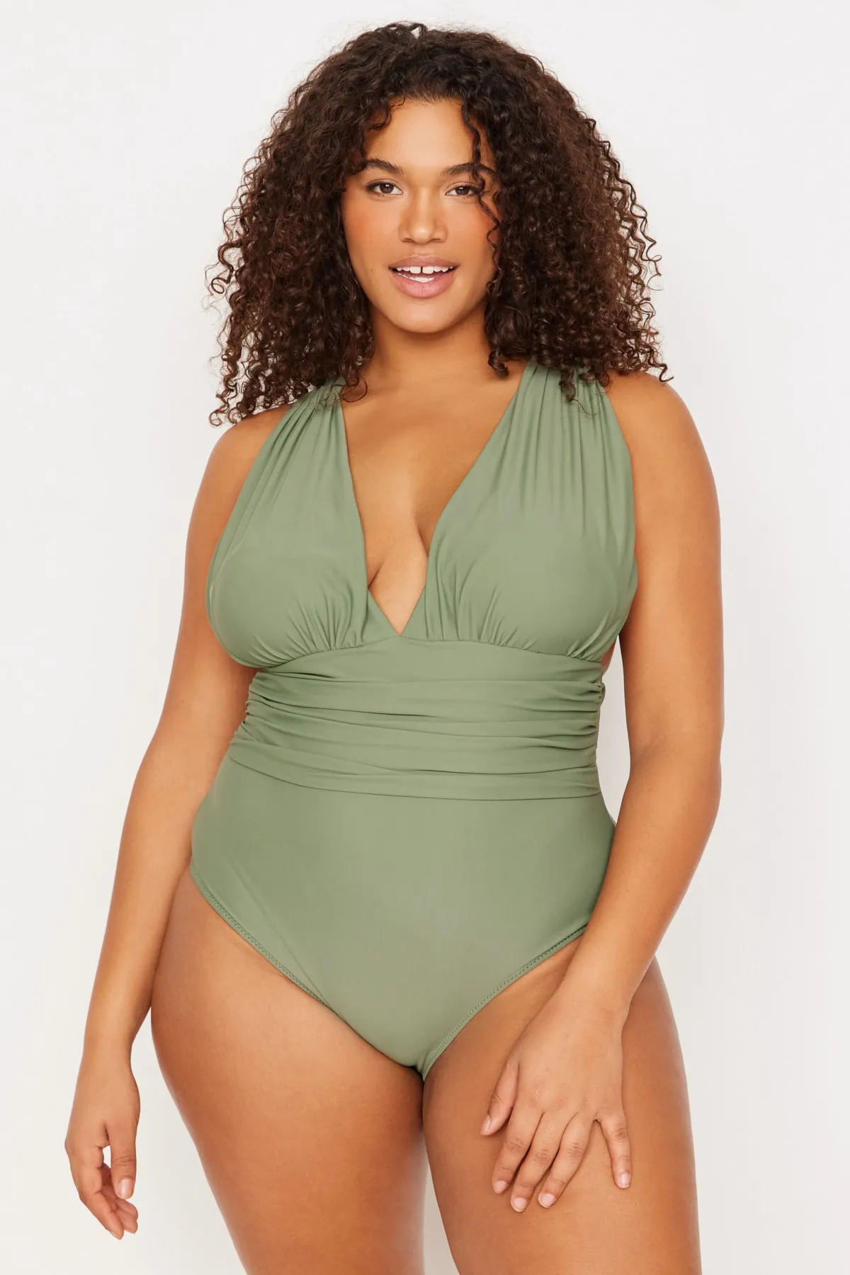 Trendyol Curve  Grüner drapierter Badeanzug mit V-Ausschnitt TBBSS23AM00004