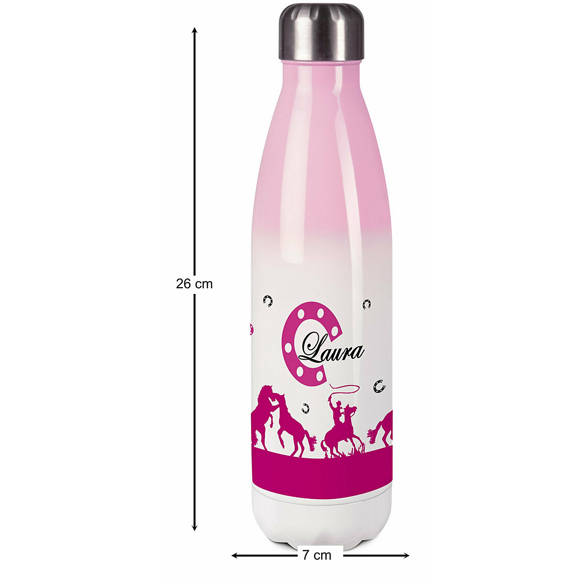 Edelstahl Kinder Thermoflasche / Trinkflasche bunt Cowboy Pferde Farbe pink Spülmaschinenfest, Auslaufsicher, Bruchfest, Doppelwandig, Für Heißgetränke geeignet, Mit Deckel, Isoliert