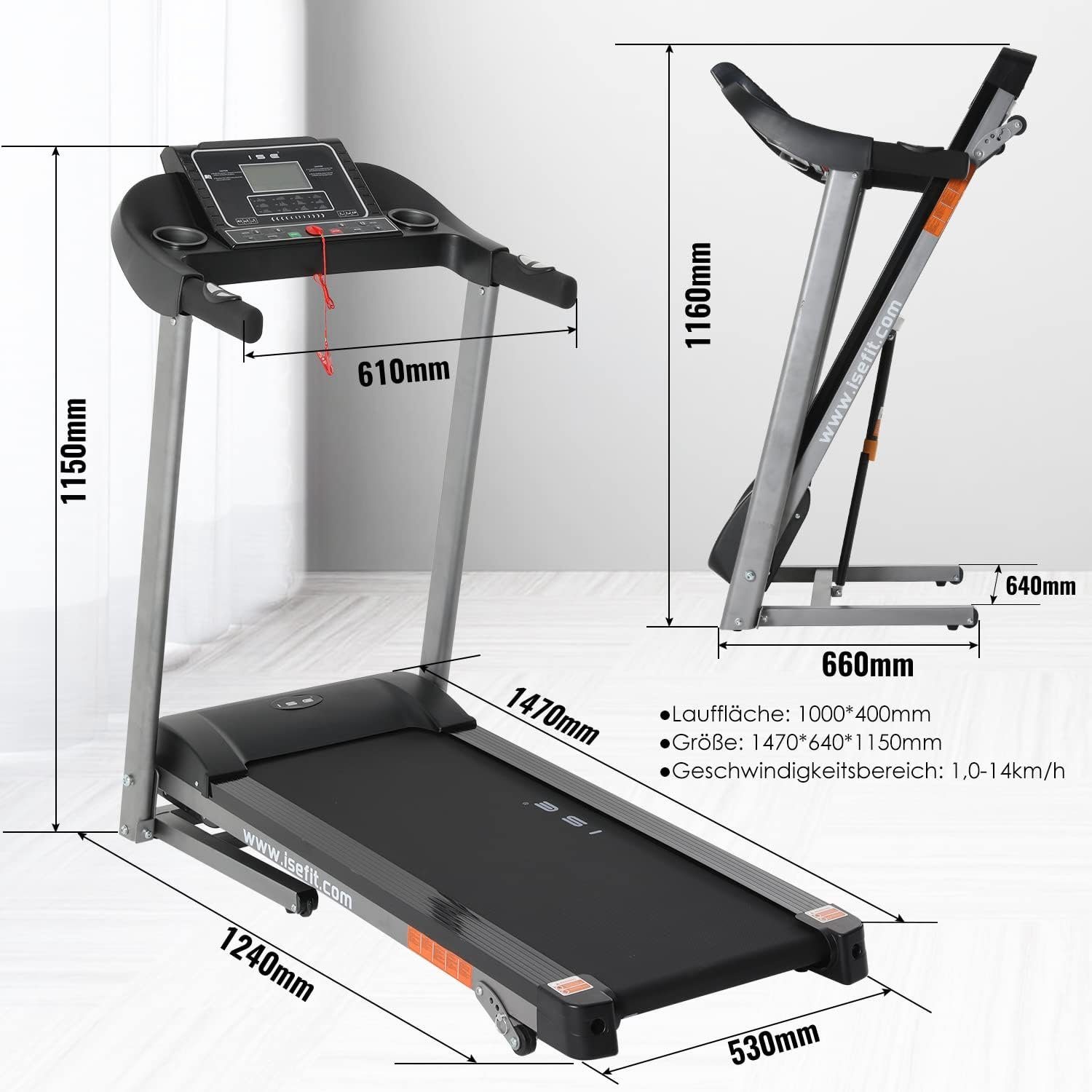 ISE Laufband (Elektrisches Laufband klappbar 2,0 PS Motor Multifunktions-LCD-Display), mit 12 Programmen, Leises Home Office Laufband, Manuelle Steigung