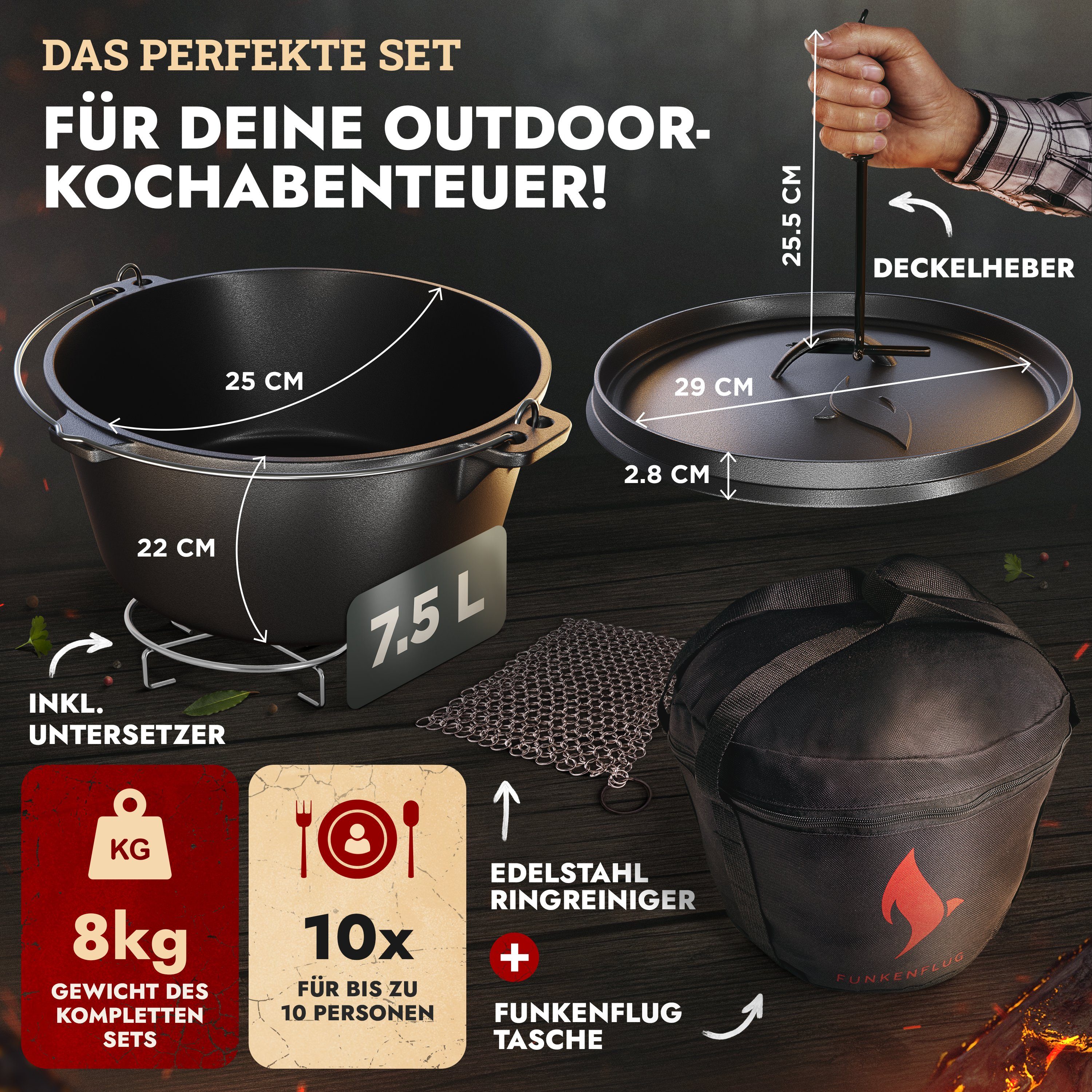 Funkenflug Feuertopf Eingebrannter Dutch Oven [8QT], Gusseisen (Rustikales Dutch Oven Set, 5-tlg., BBQ Feuertopf aus massivem & dickwandigen Gusseisen), inkl. Transporttasche, Deckelheber, Ringreiniger & Rezepte E-Book