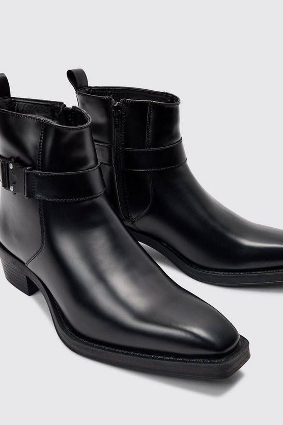 Schwarz eckige PU-Stiefel mit Schnallen-Detail