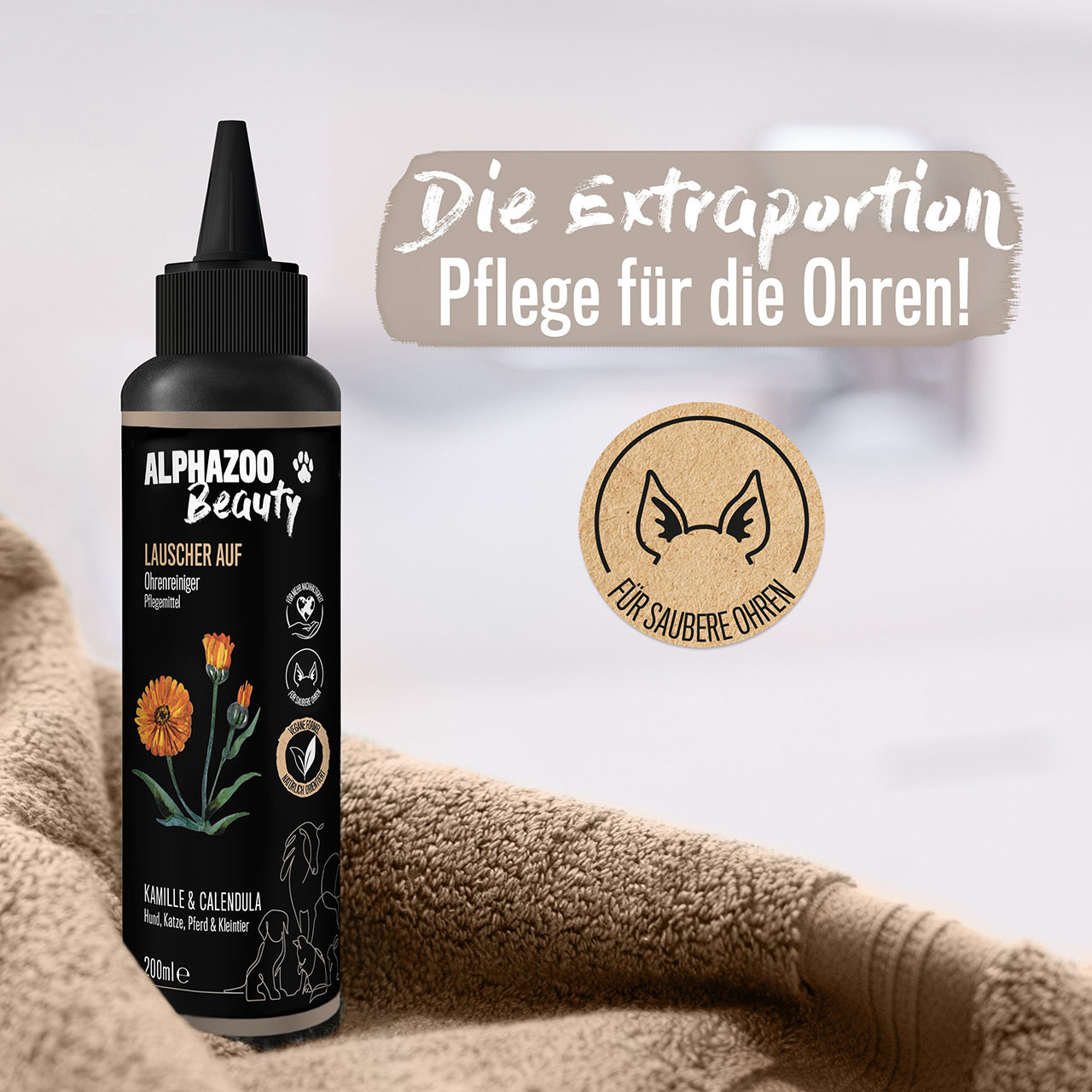 ALPHAZOO Augen- & Ohrenpflege ALPHAZOO Ohrenreiniger 200ml - Lauscher-Auf für Hunde, Katzen, Haus- und Hoftiere