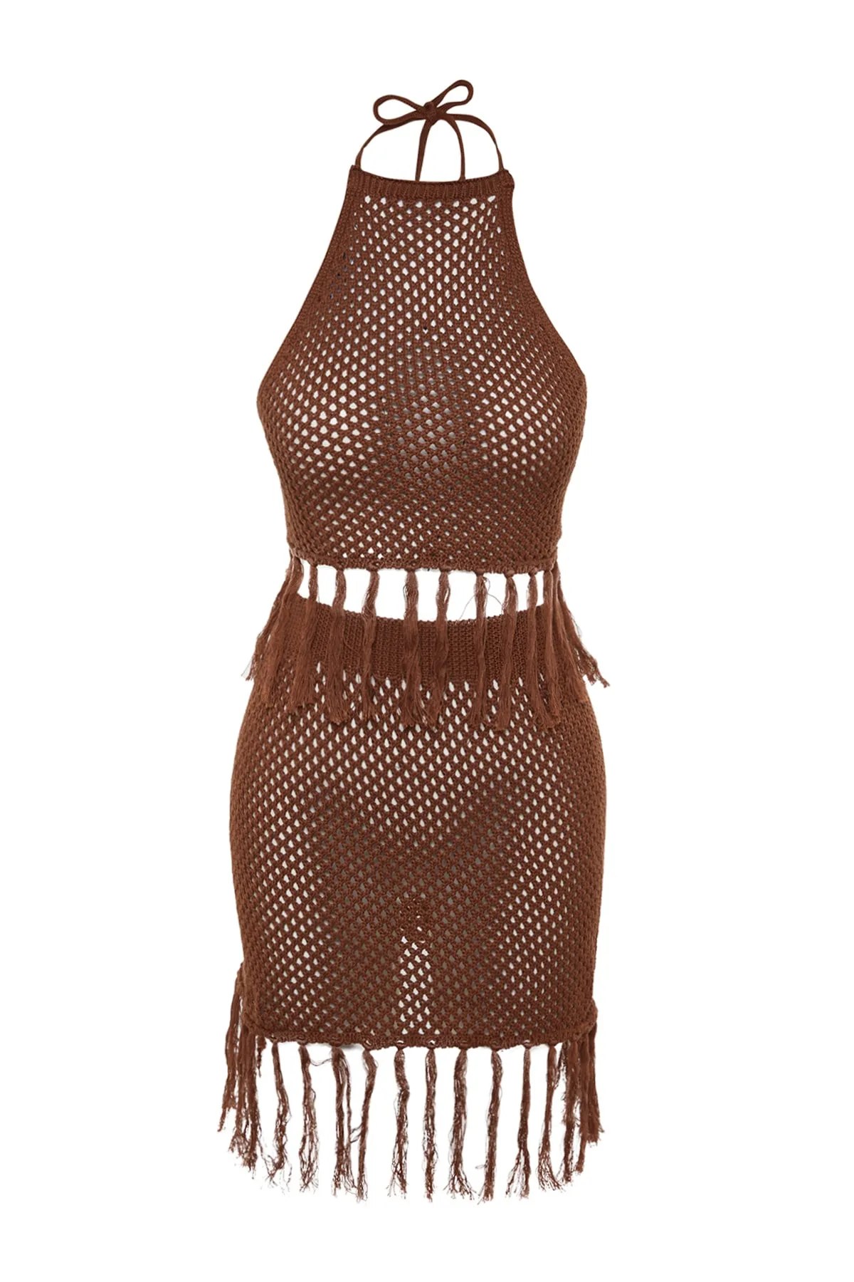 Trendyol Collection  Braunes Strick-Bluse-Rock-Set mit Quasten TBESS23AU00166
