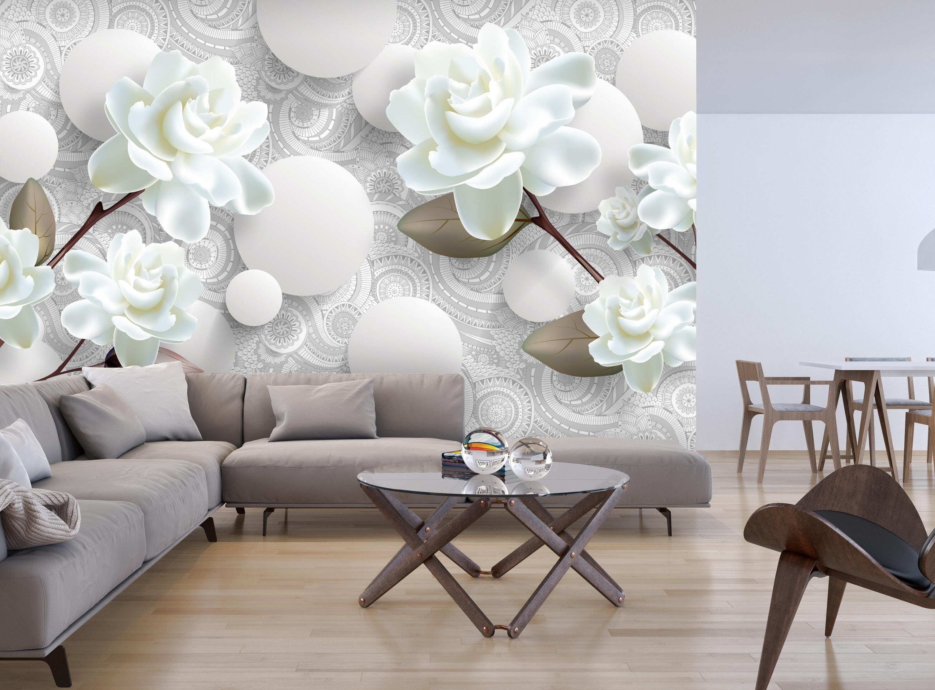 wandmotiv24 Fototapete Blumen 3D Optik Kreise weiß, glatt, Wandtapete, Motivtapete, matt, Vliestapete