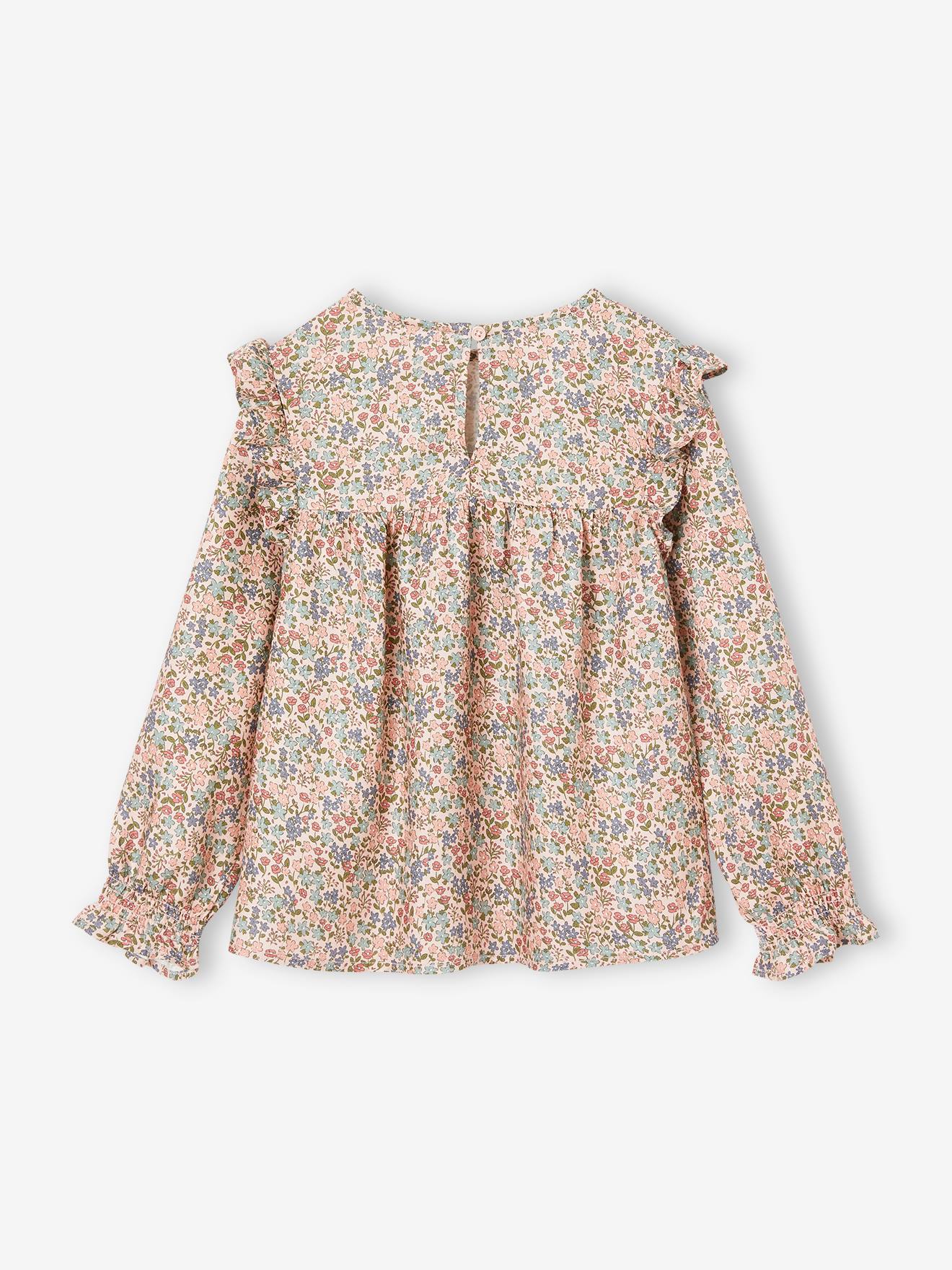 Blouse fleurie fille manches volantées bleu grisé