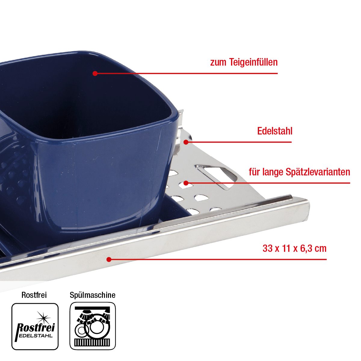 EUROHOME Spätzlehobel Edelstahl Spätzlereibe mit Nasen mit Kunststoffgriff, Edelstahl, (Spätzlehobel 33 x 11 x 6,3 cm), Spätzlepresse runde Löcher - Reibe mit Trichter