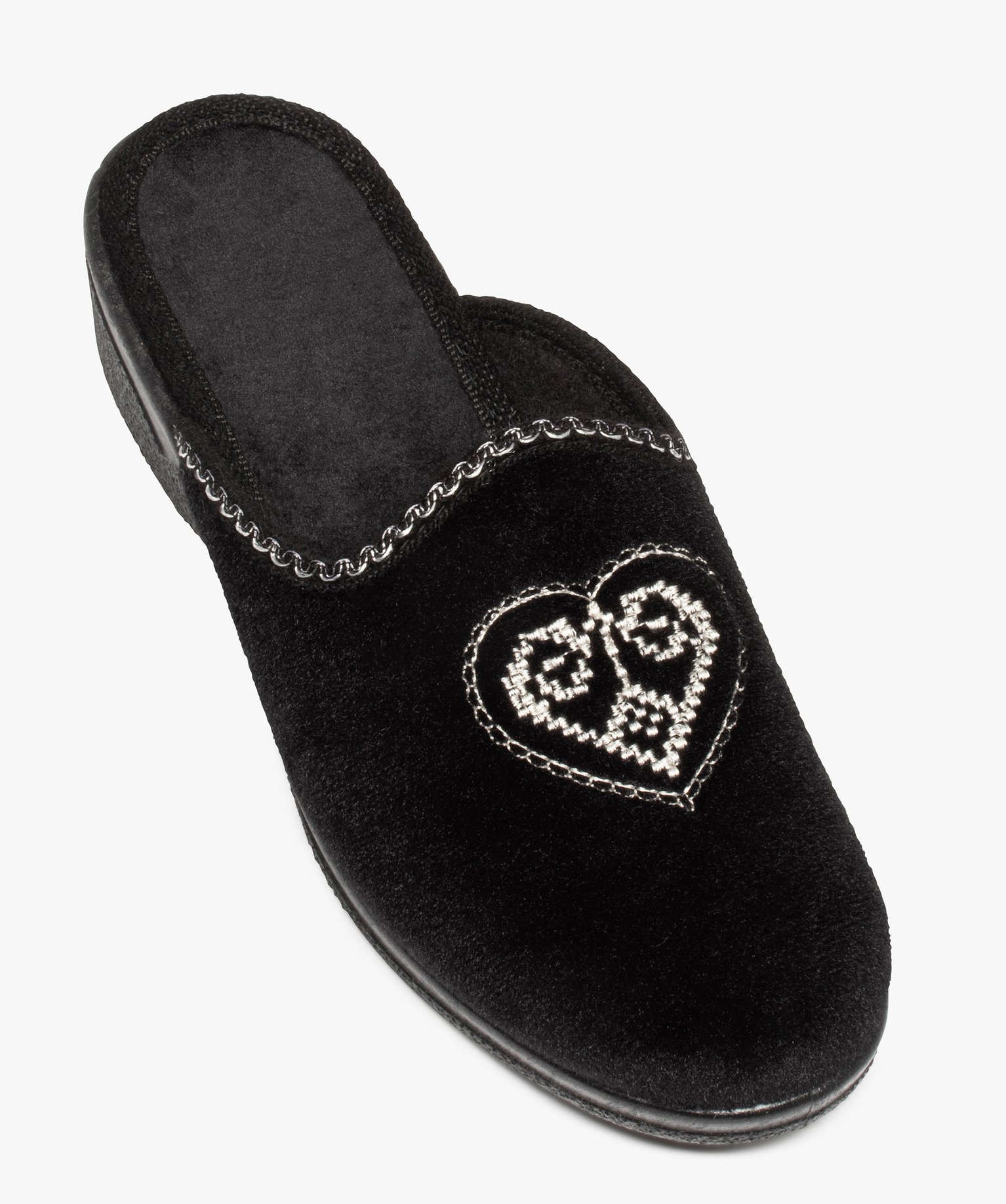 Chaussons femme mules confort en velours brodés cur noir | GEMO