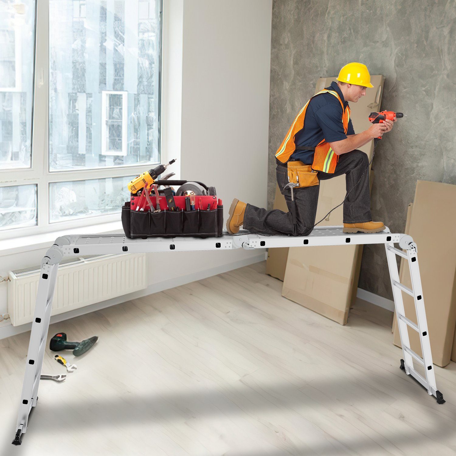 Lospitch Teleskopleiter Vielzweckleiter 6 in 1 Multifunktionsleiter Gerüst,4x4 4.7M bis 150kg, 4 x 4 Stufen