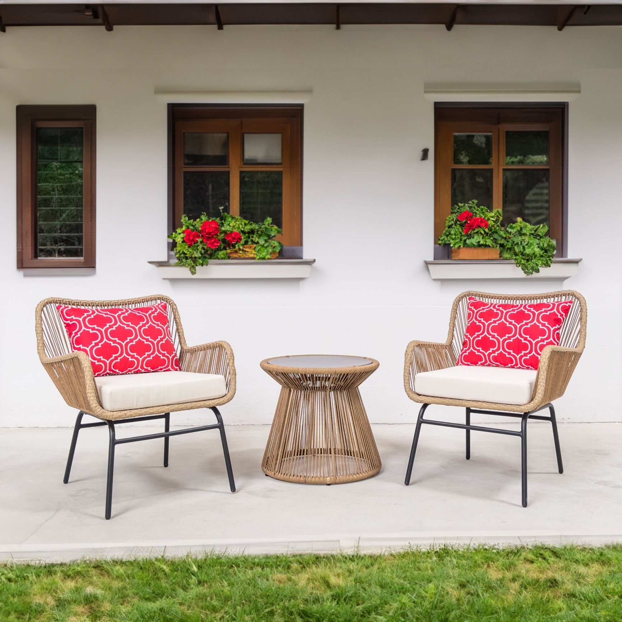 osoltus Gartenlounge-Set osoltus Lounge Set 2 Sessel mit Tisch und Kissen im Rattan Look
