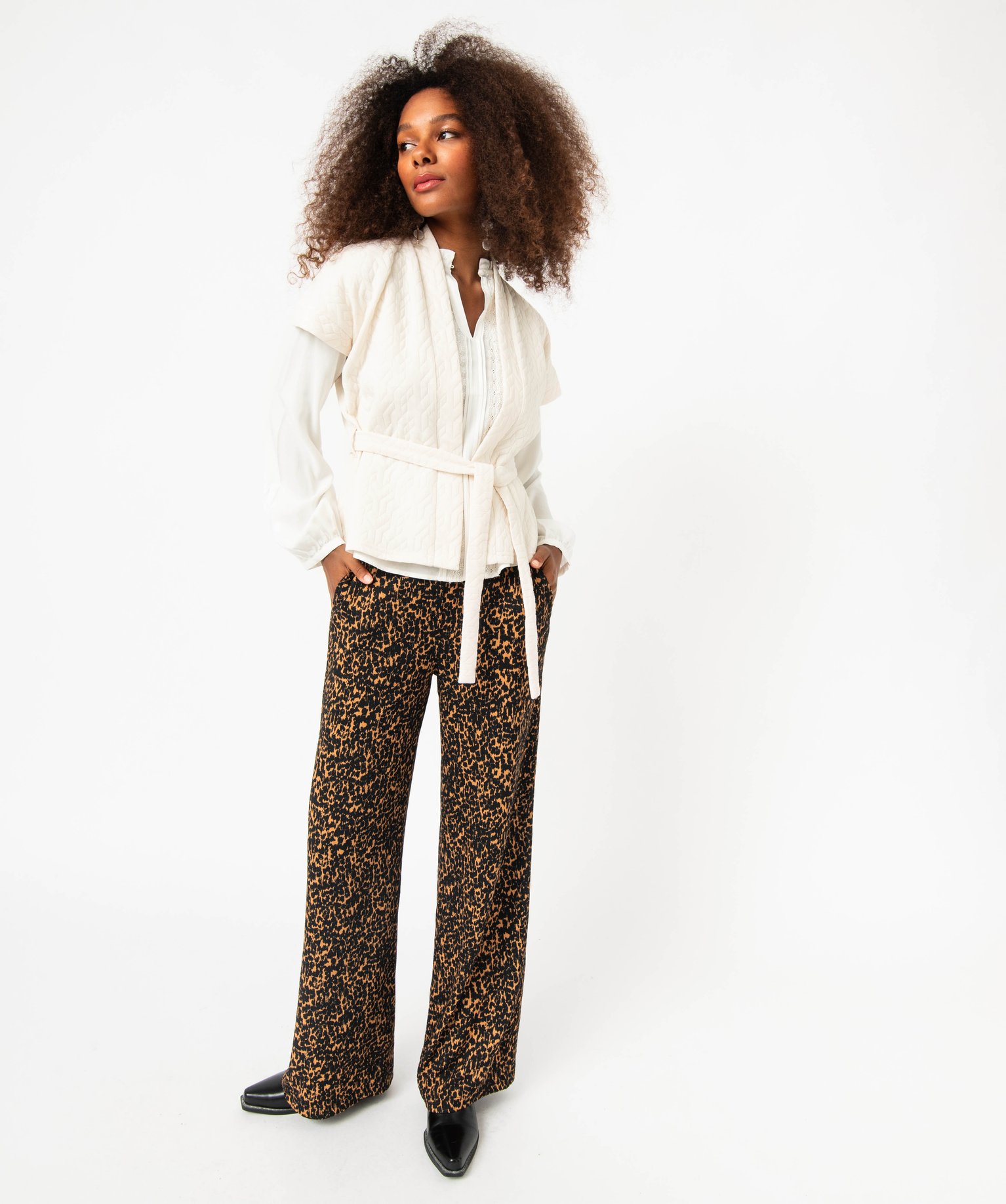 Pantalon large imprimé en maille texturée femme imprime | GEMO