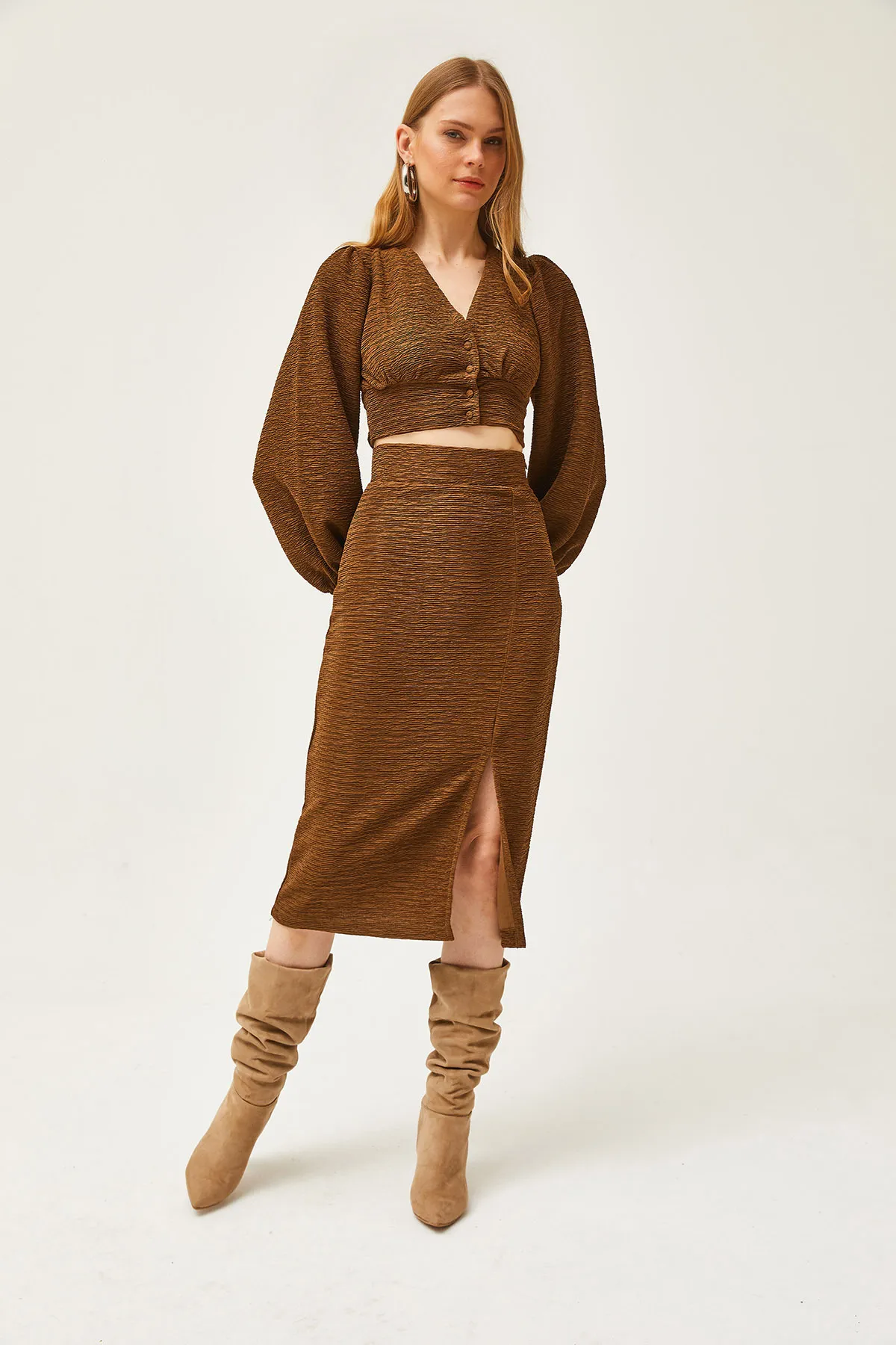 Olalook  Brauner Strickanzug mit Schlitzrock für Damen TKM-19000255