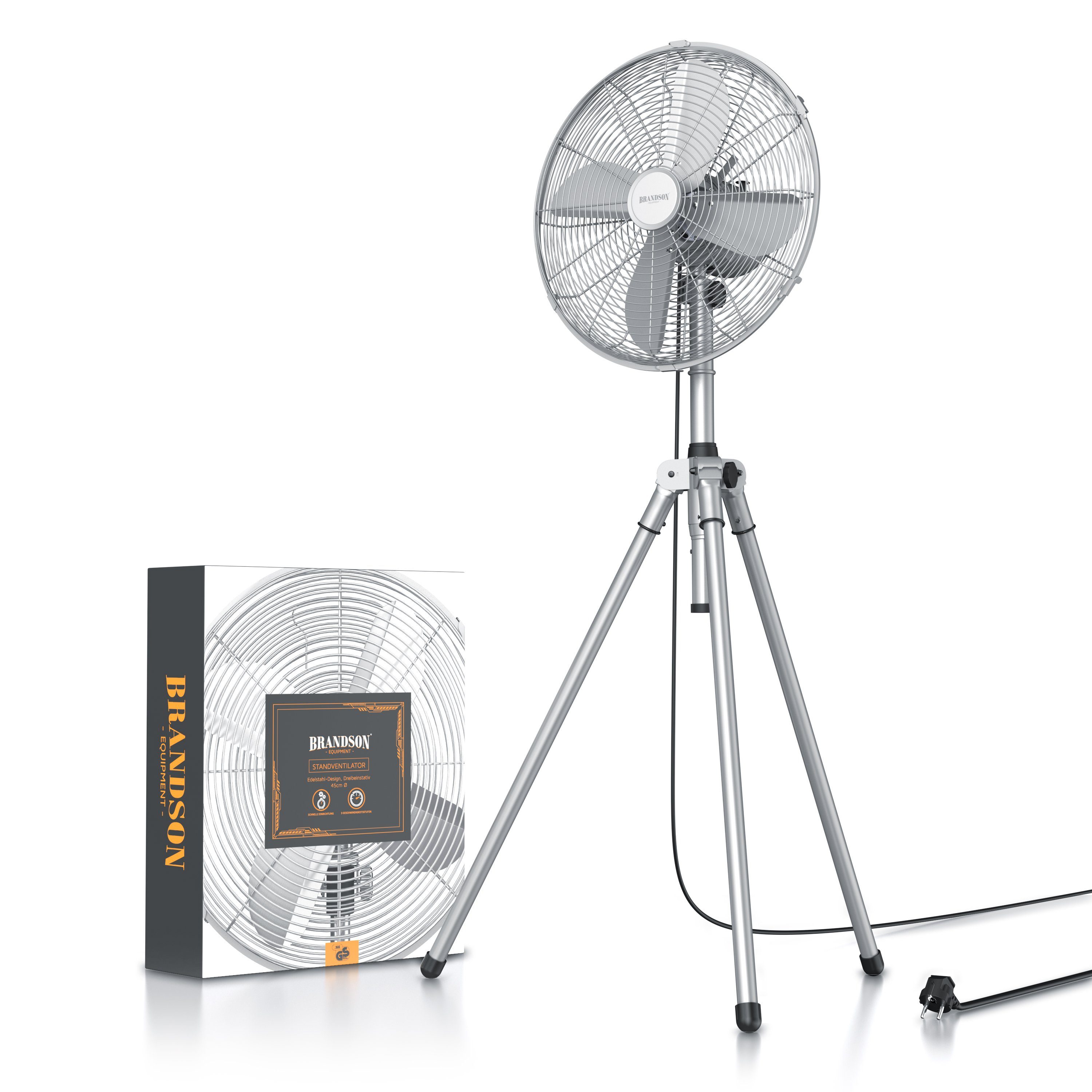 Brandson Standventilator, 49 cm Durchmesser, 60W Lüfter, Dreibeinstativ, Metallgehäuse, Tripod Ventilator, Silber