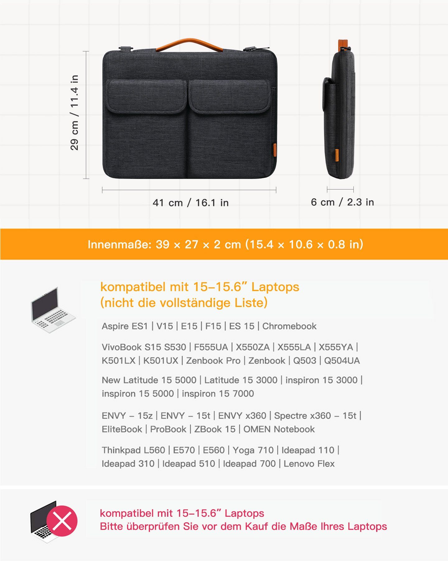 Inateck Laptop-Hülle Laptoptasche 15-15.6 Zoll 360° Schutz, Wasserdicht, mit abnehmbare und verstellbare Schultergurt
