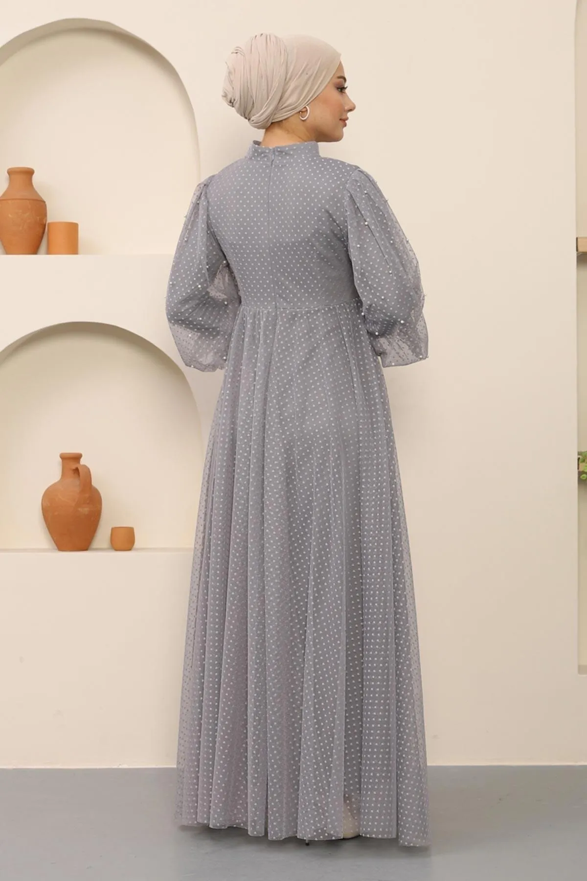 Modamihram  Abendkleid aus Tüll mit Perlendetail, Grau 12238