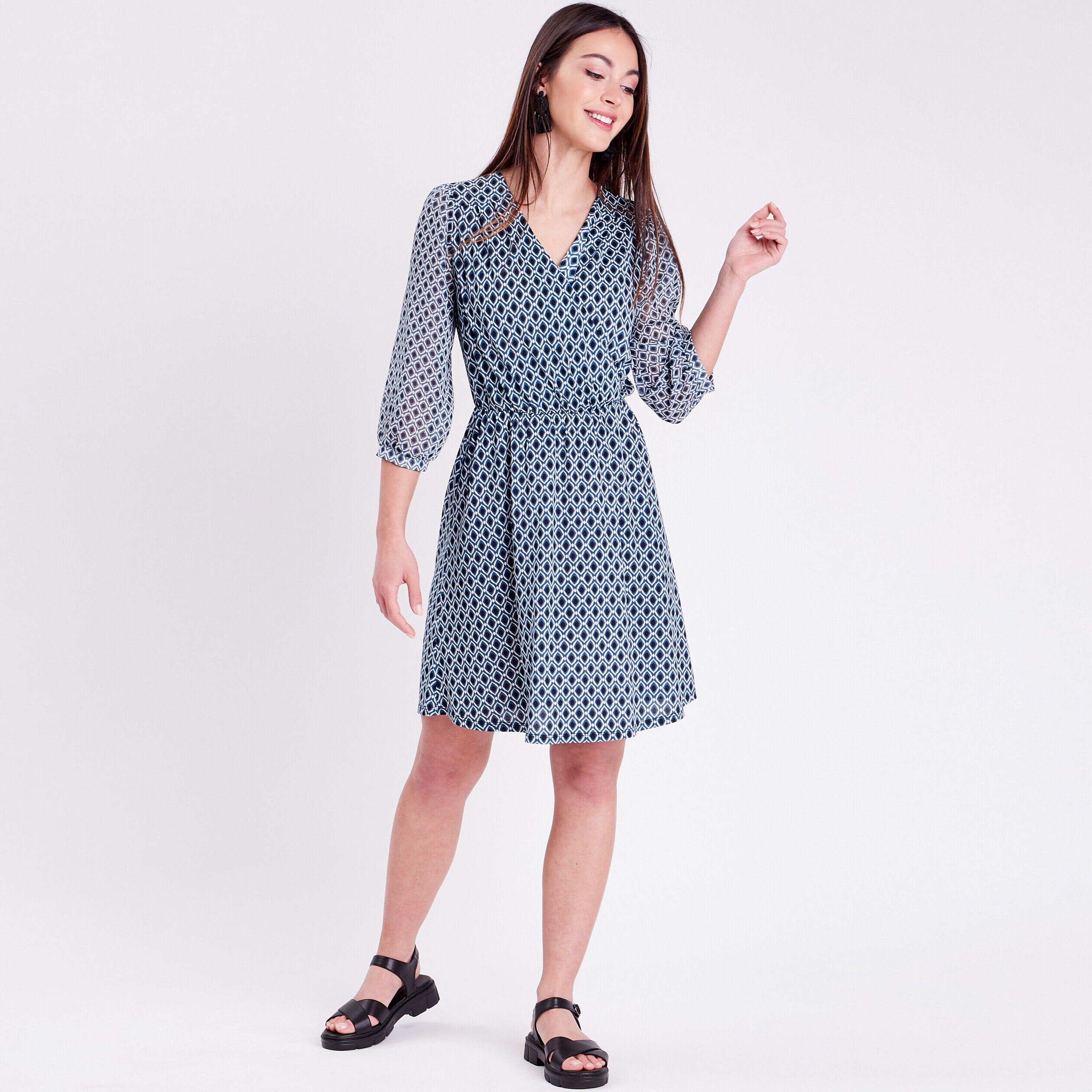 Robe évasée manches 3/4 bleu femme | Cache Cache