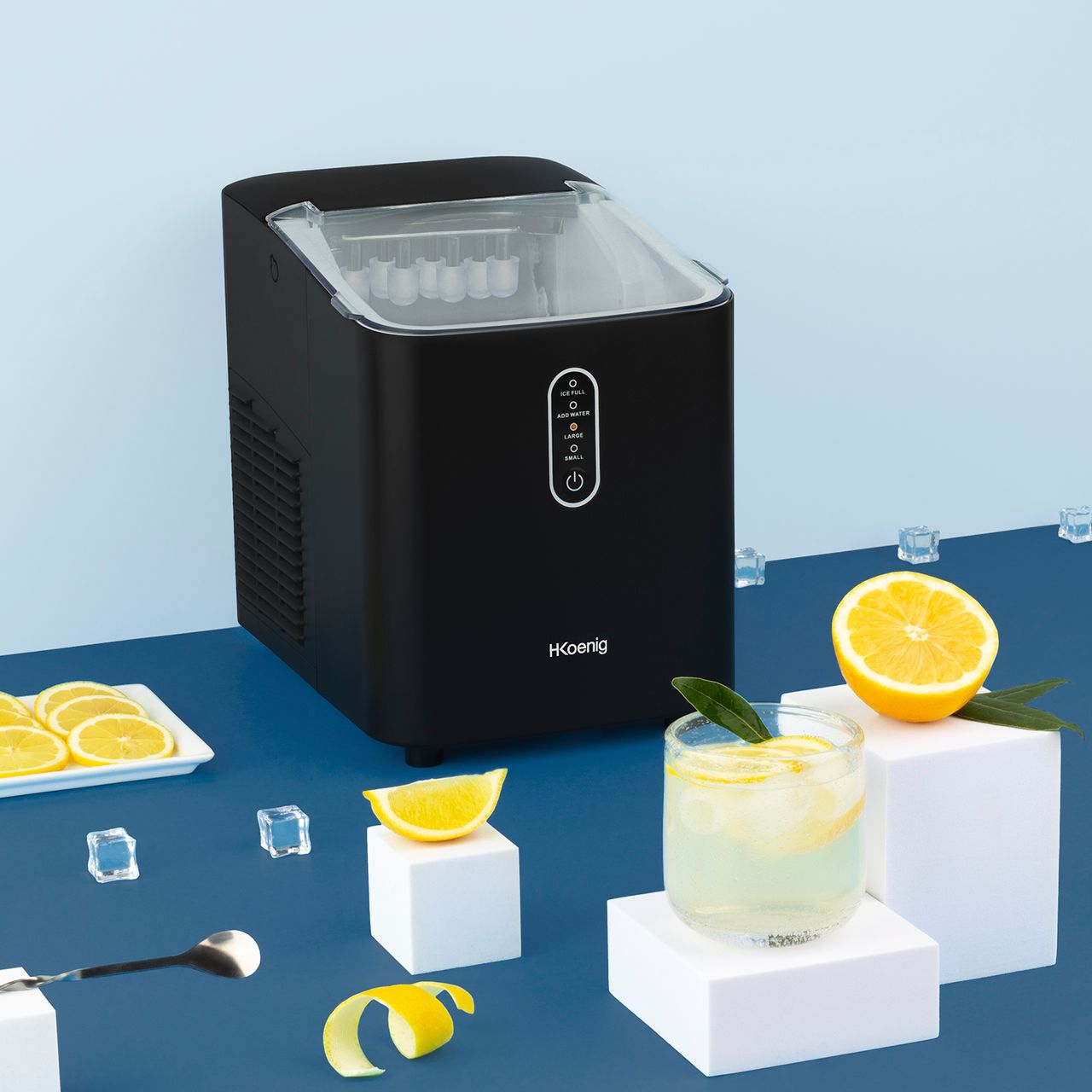 H.Koenig KUB14 Eiswürfelbereiter, 12kg in 24h, 2 Eiswürfelgrößen, Automatisch, Elektrisch